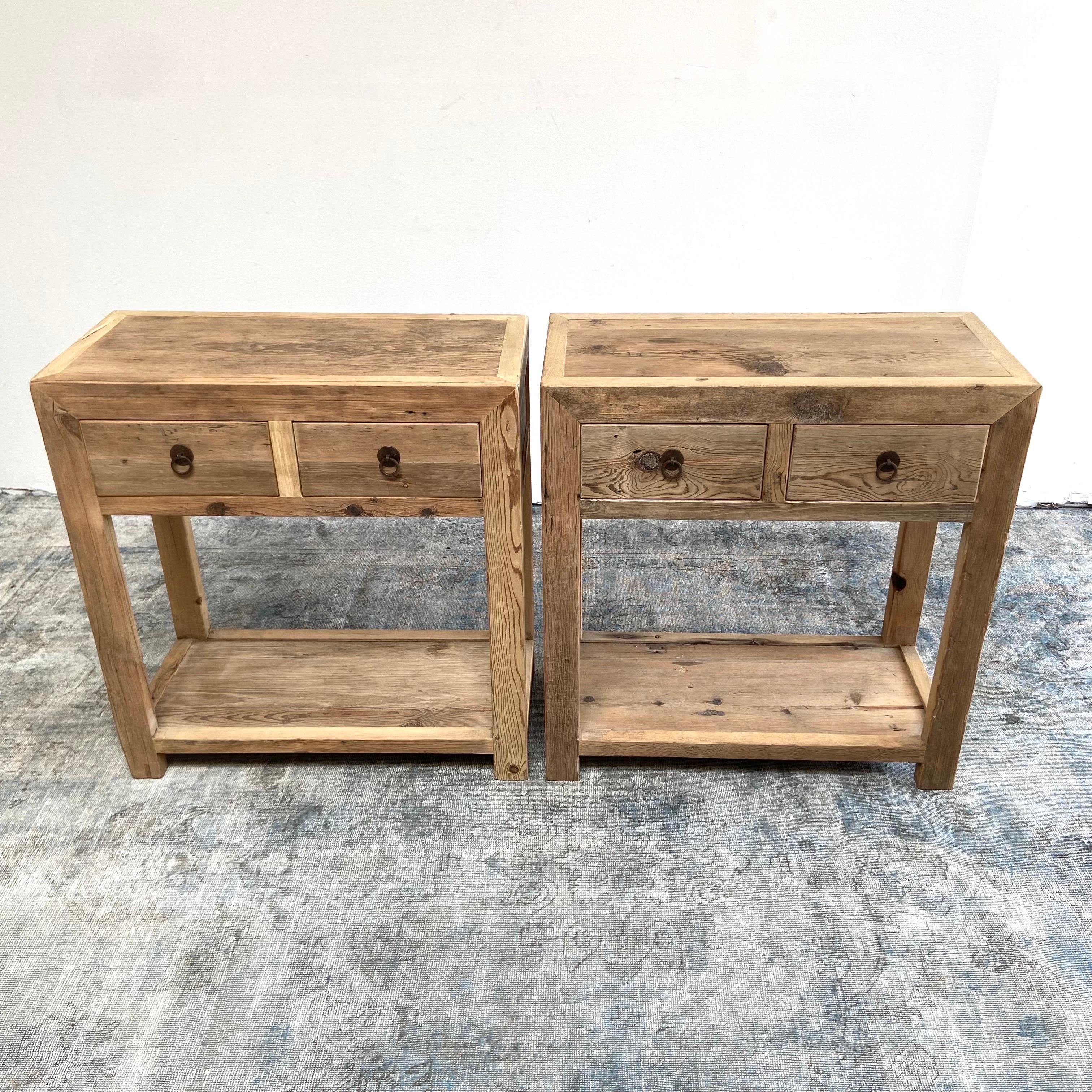 Custom elm wood 2 drawer console table with drawers. Natural distressed patina.
Price is for each console.
Measures: 33” W x 18” D x 35” H
Solid / Sturdy, great for everyday use in an entry, living room or dining room.