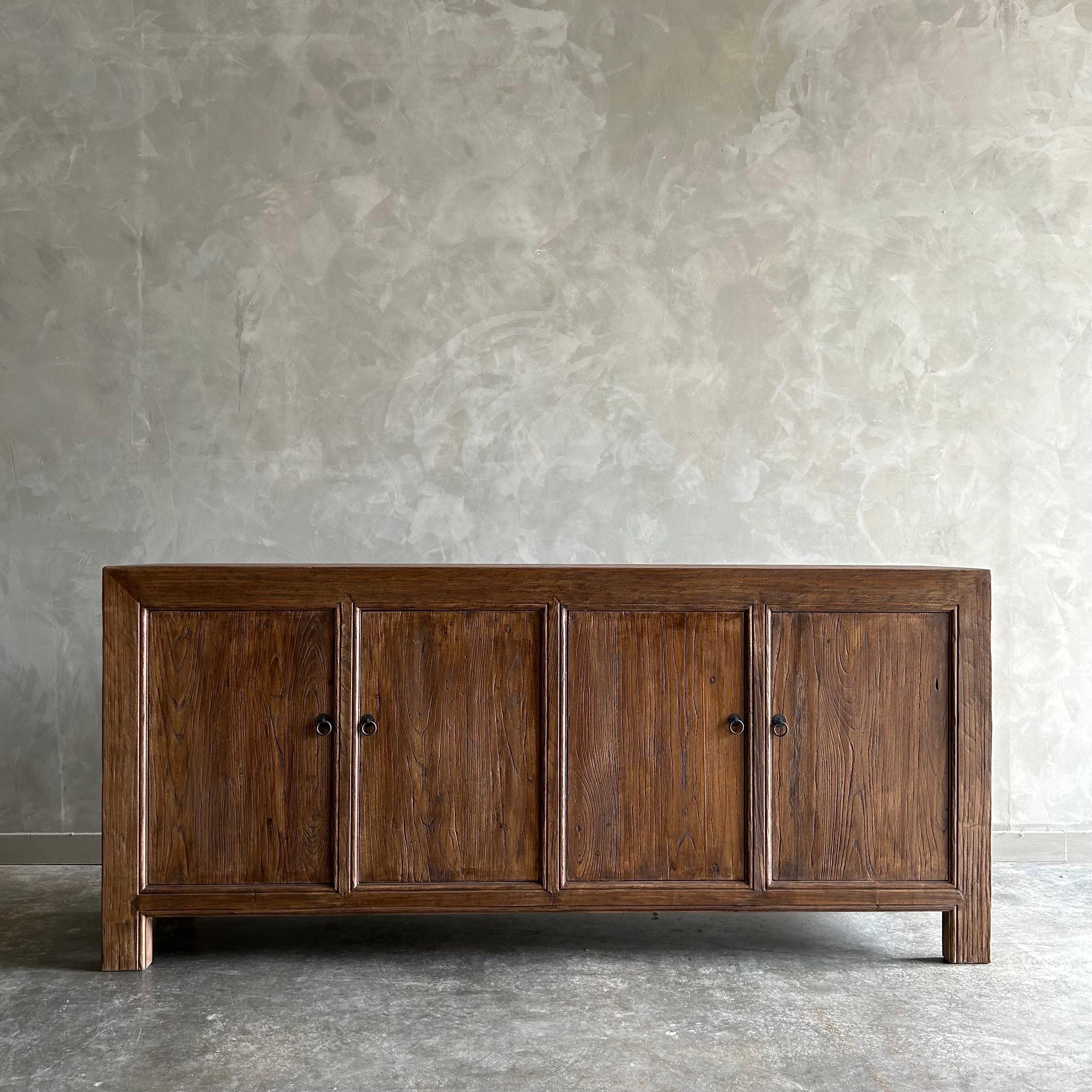 Organic Modern Reclaimed Elm Wood 4 Door Cabinet or Sideboard in Dark Finish For Sale