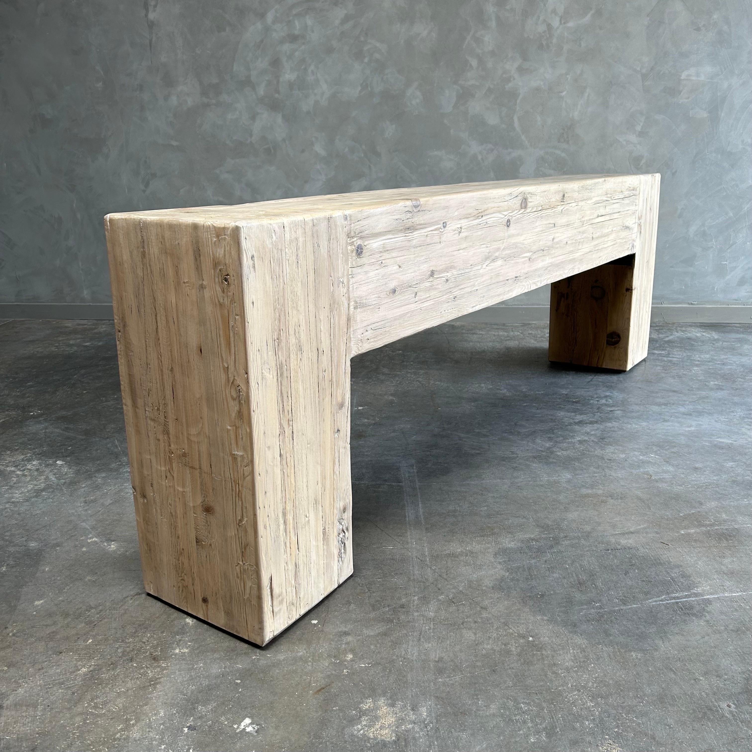 British Beam Console custom made by bloom home inc.
These old elm timbers show in its most primal, natural form. The artisanal construction methods highlight the elm woods beautiful grain pattern & knots and fissures from its past life. The most
