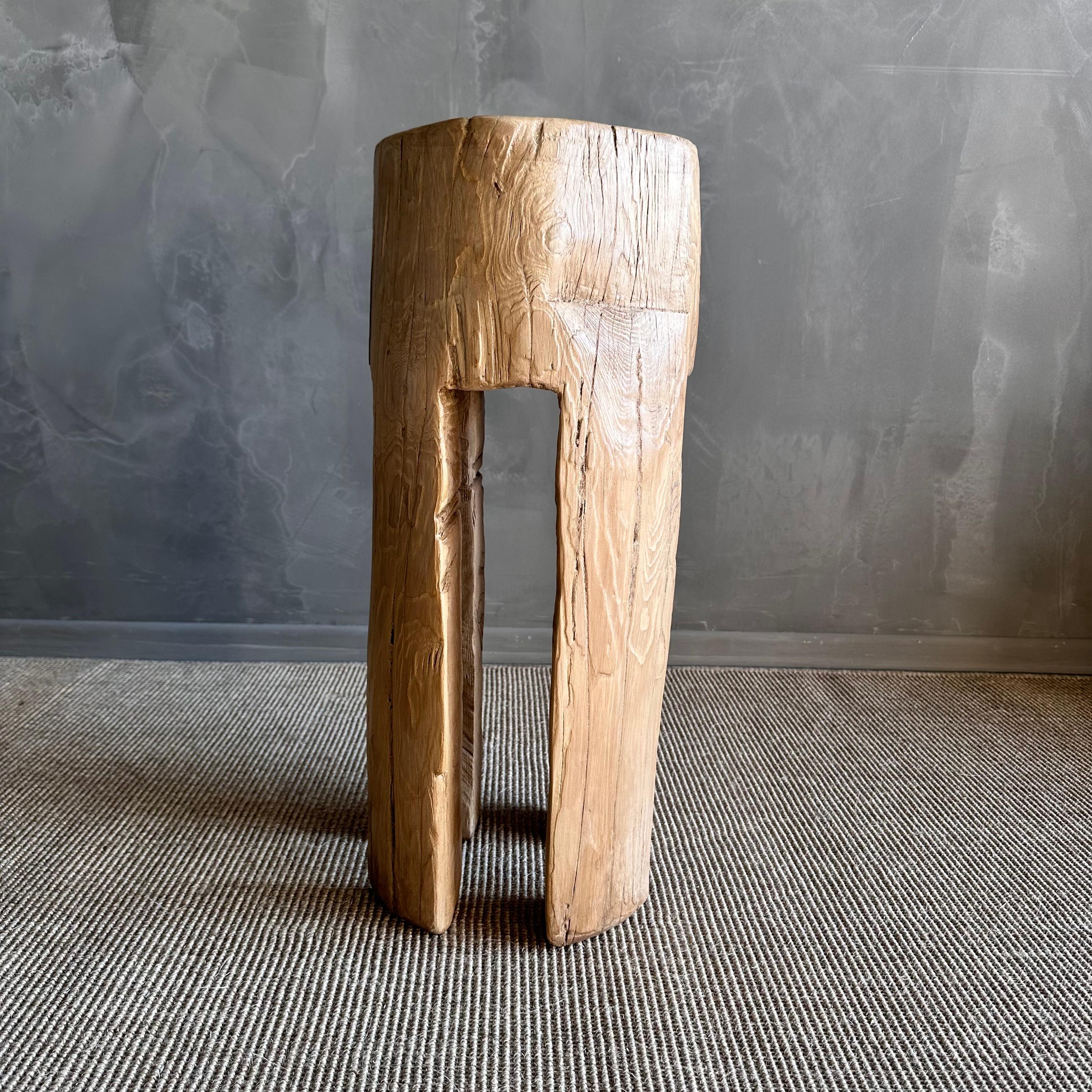 Contemporary Reclaimed Elm Wood Carved Out Leg Side Table