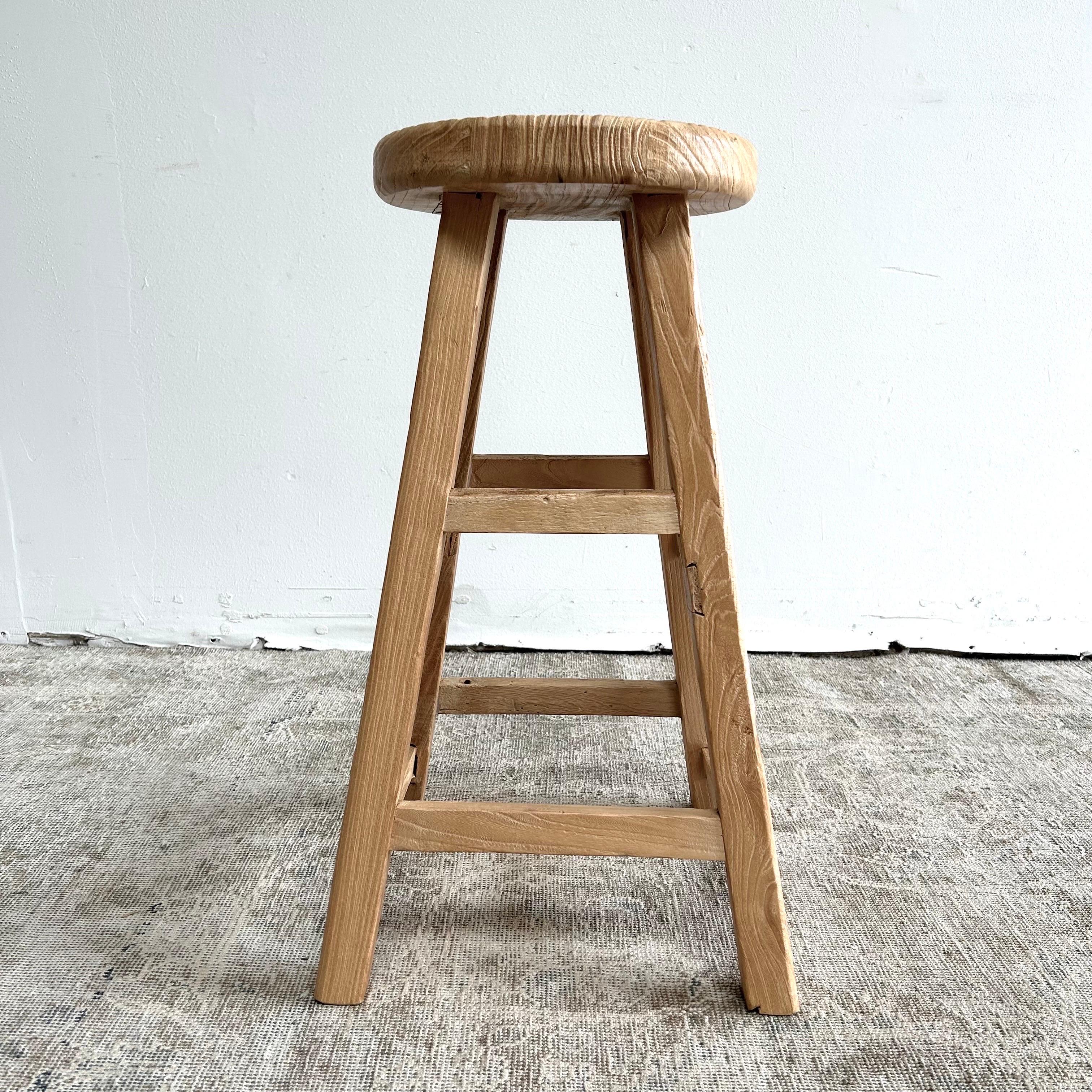 Custom made bloom home Inc Elm wood counter height stools
these are solid and sturdy ready for daily use. Each piece is truly unique and one of a kind with different characteristics in the wood as these are made from reclaimed elm wood