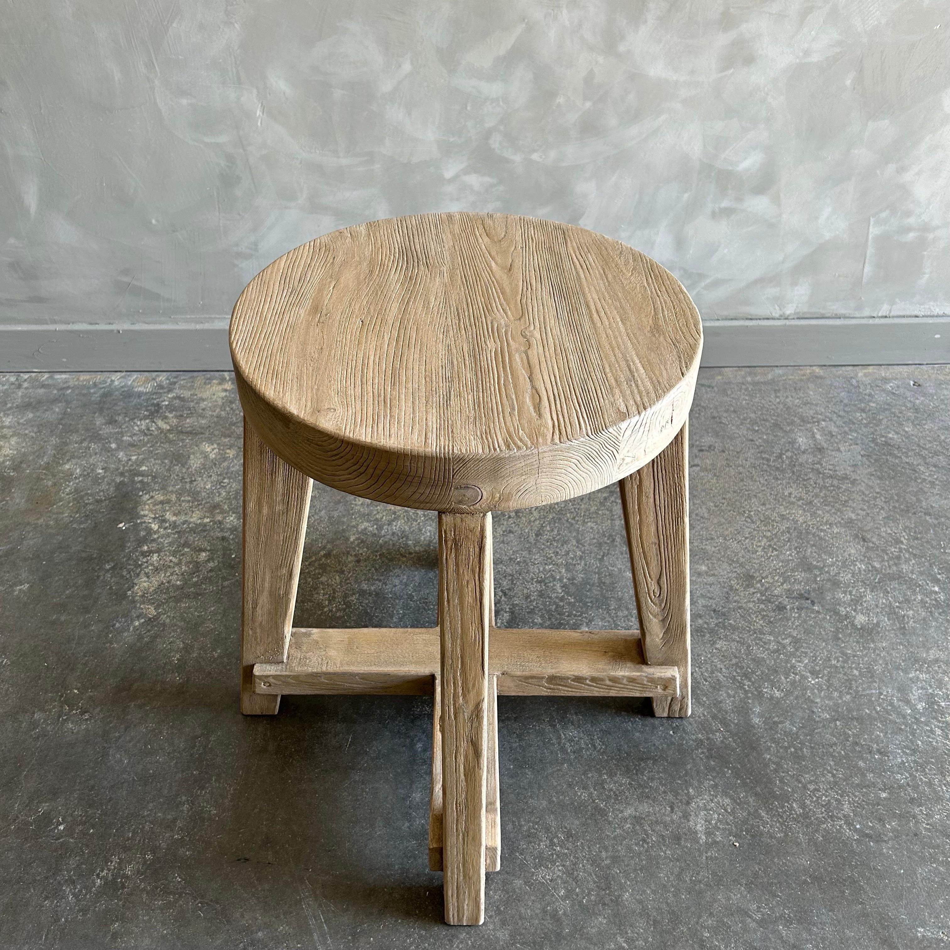 Organic Modern Reclaimed Elm Wood Round Side Table For Sale