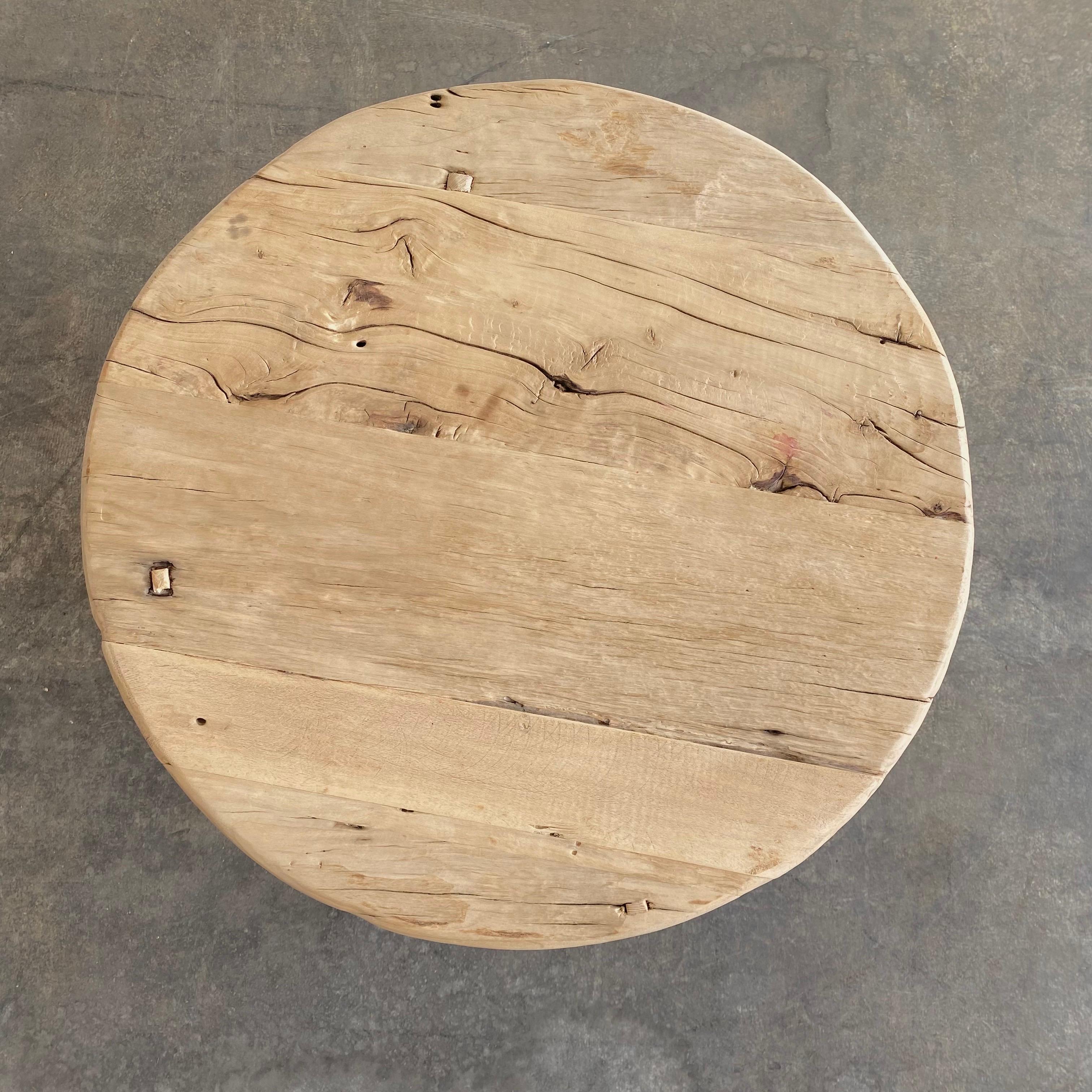 Contemporary Reclaimed Elm Wood Round Side Table For Sale