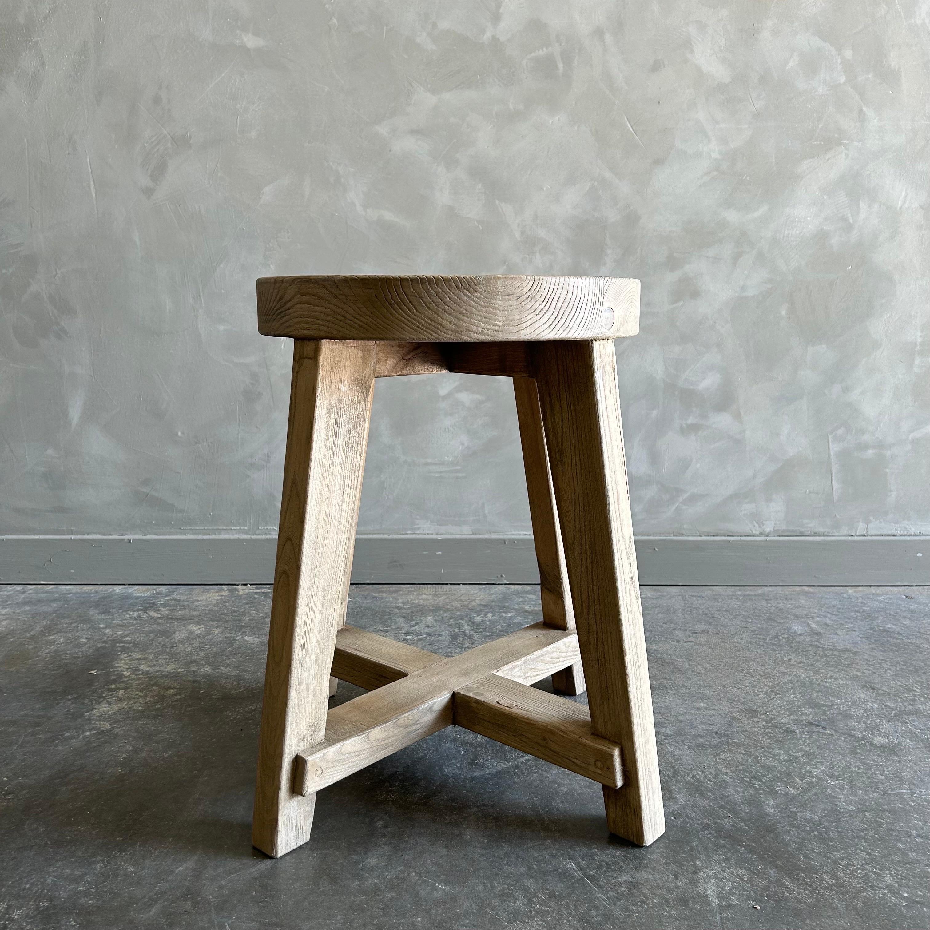Contemporary Reclaimed Elm Wood Round Side Table For Sale