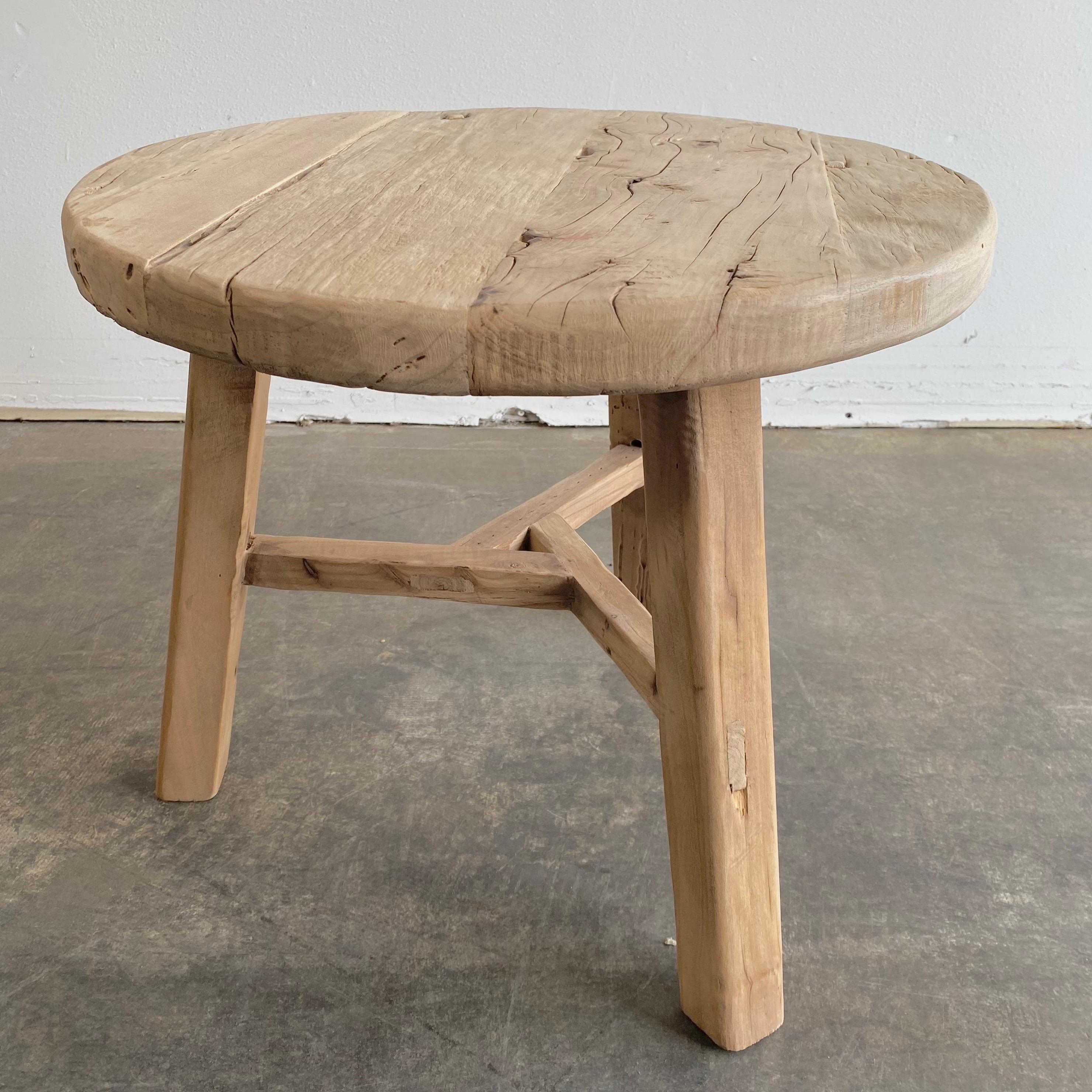 Reclaimed Elm Wood Round Side Table For Sale 2