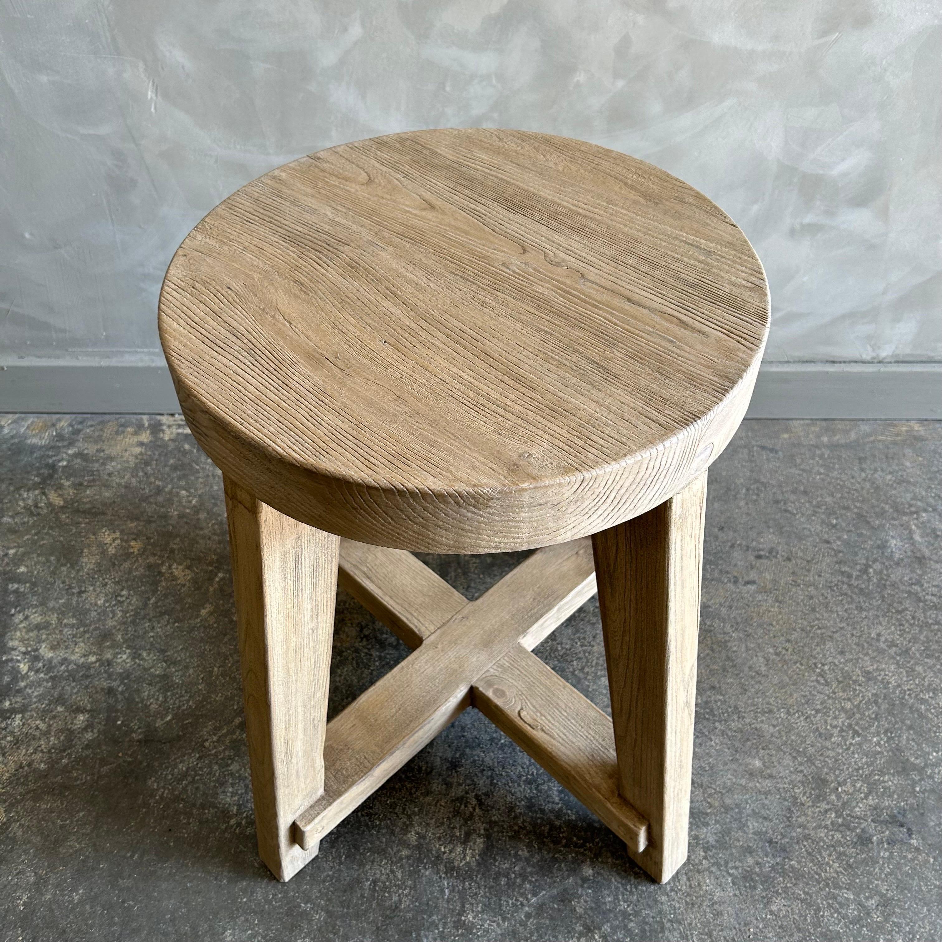 Reclaimed Elm Wood Round Side Table For Sale 1