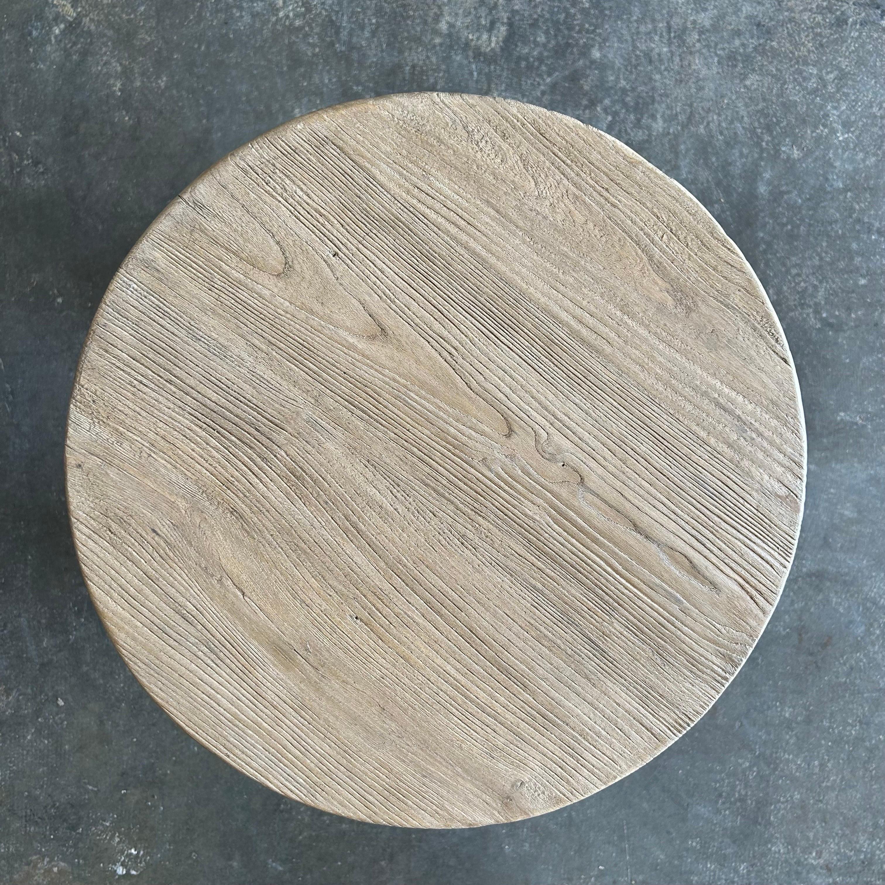 Reclaimed Elm Wood Round Side Table For Sale 2