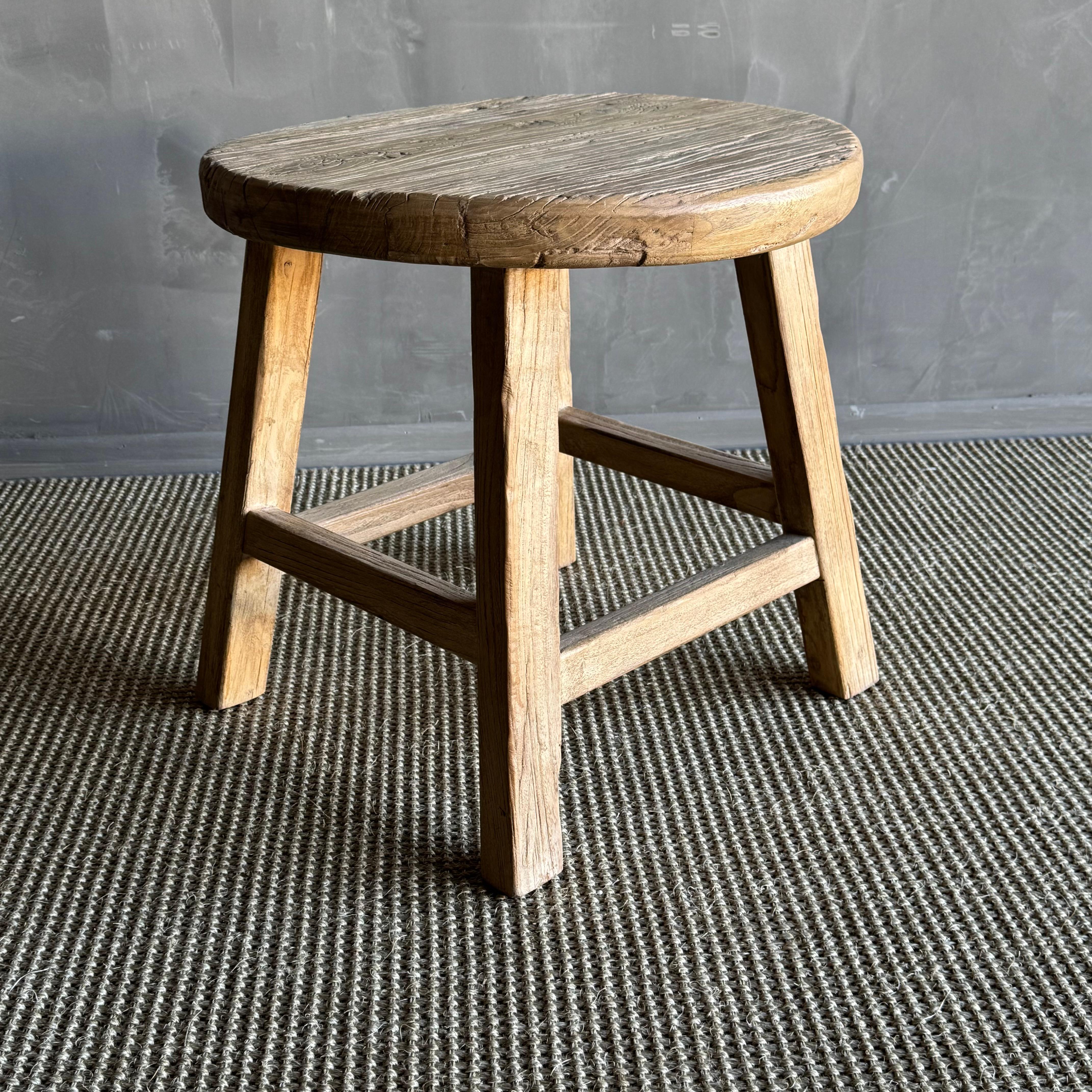 Contemporary Reclaimed Elm Wood Round Side Table in Natural Elm Wood For Sale