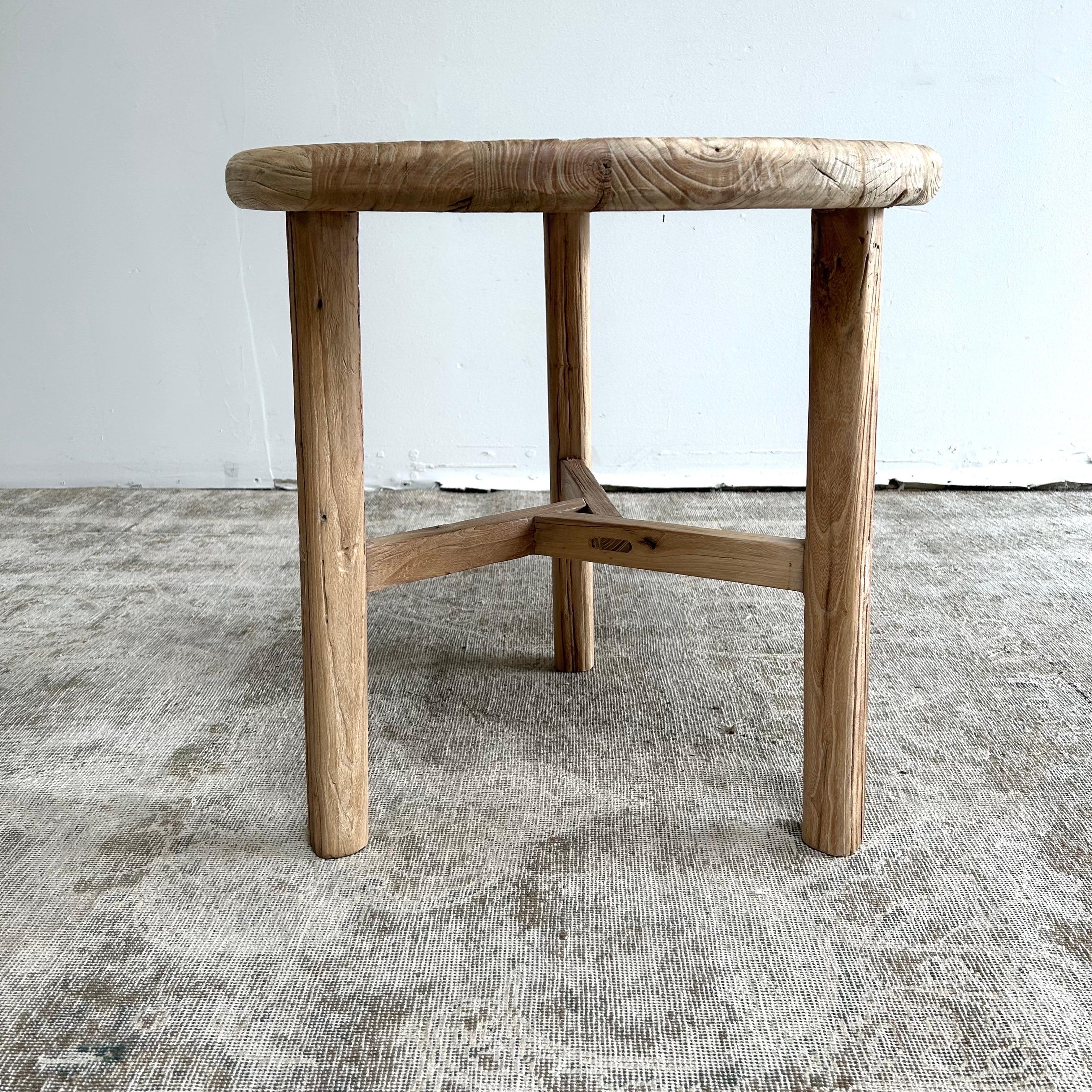 Can be customized to any size. Natural raw patina, solid elm wood, made by bloom home inc. Solid and sturdy, great for use next to a sofa, in between chairs, in a bath, or bedside.
26” rd. X 26”h