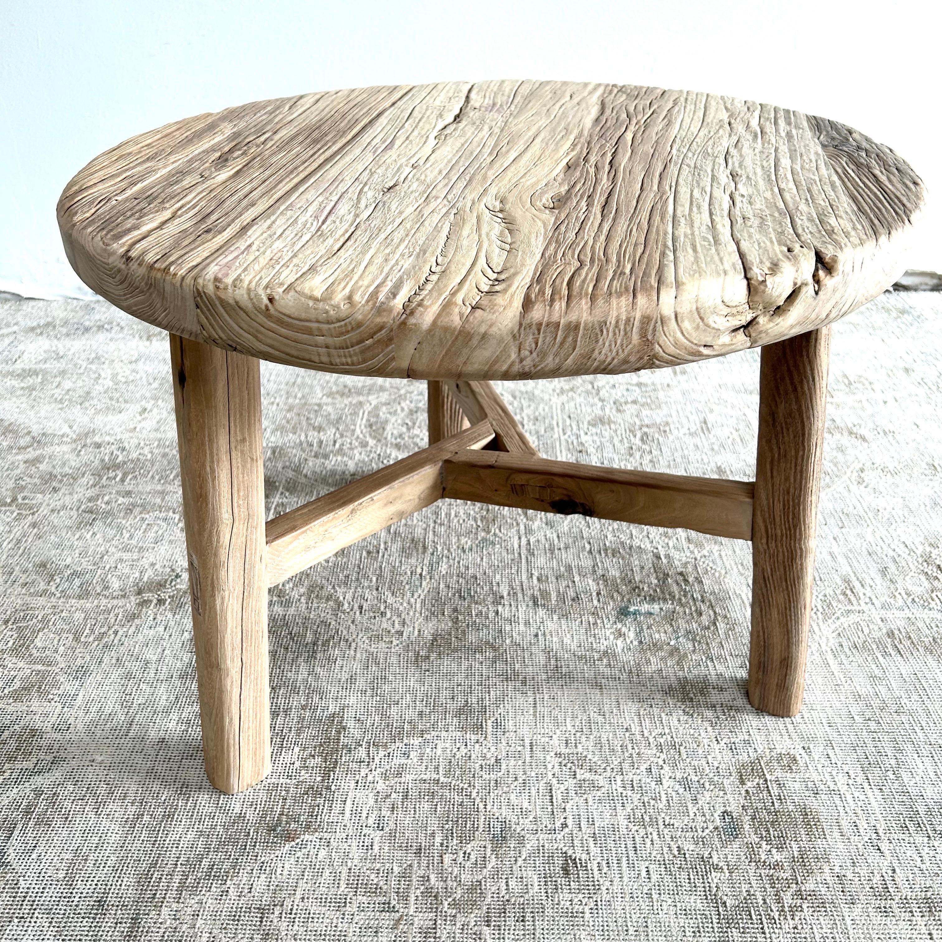 Reclaimed Elm Wood Side Table in Natural Finish For Sale 1
