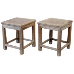 Reclaimed Elm Wood Side Table with Rattan Top 2 Available