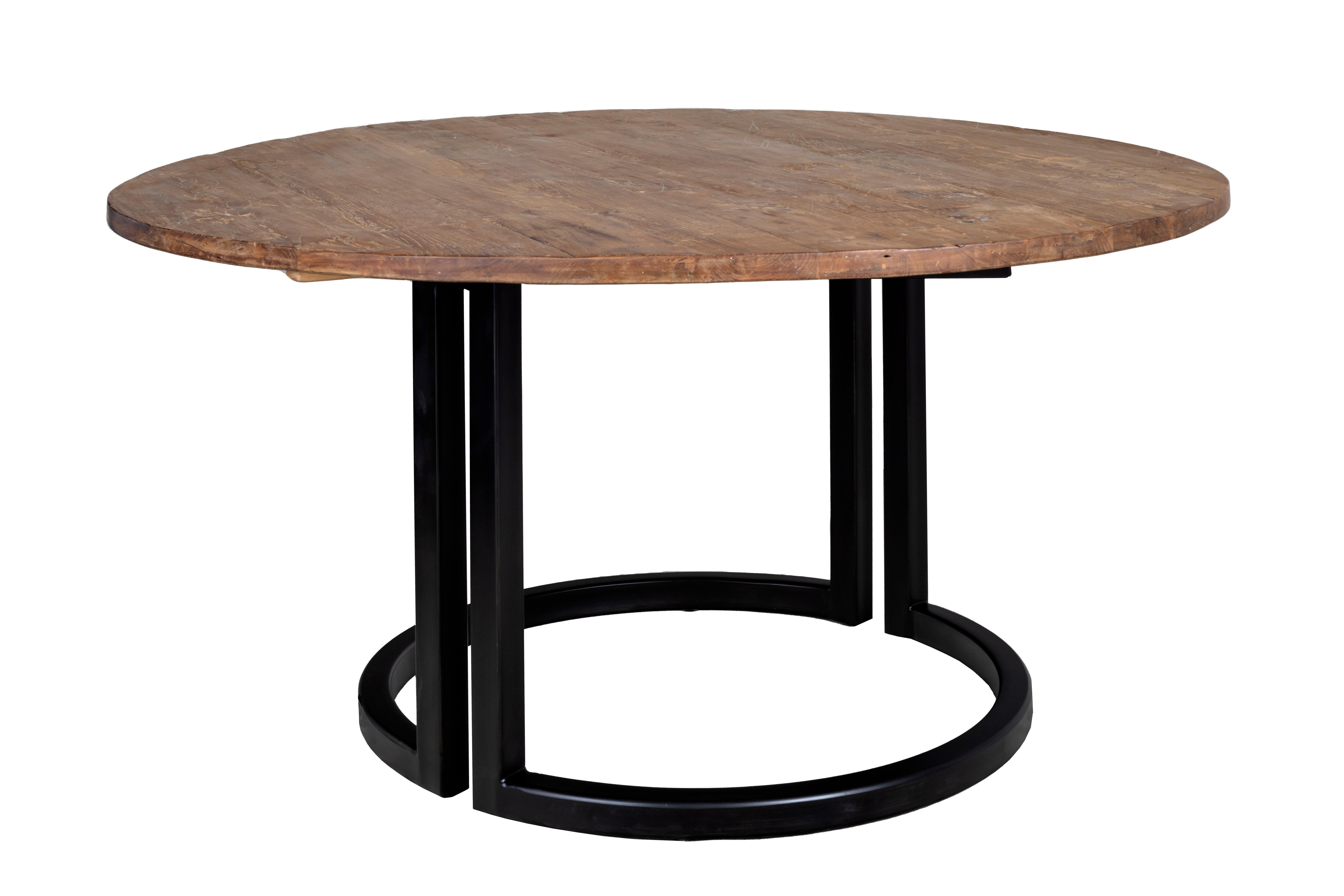 Inspired by the desire to elevate found objects and traditional designs, the Le Monde collection takes a modern approach to historic design. The one-of-a-kind table top is constructed from reclaimed elm wood with an ebonized steel base and features