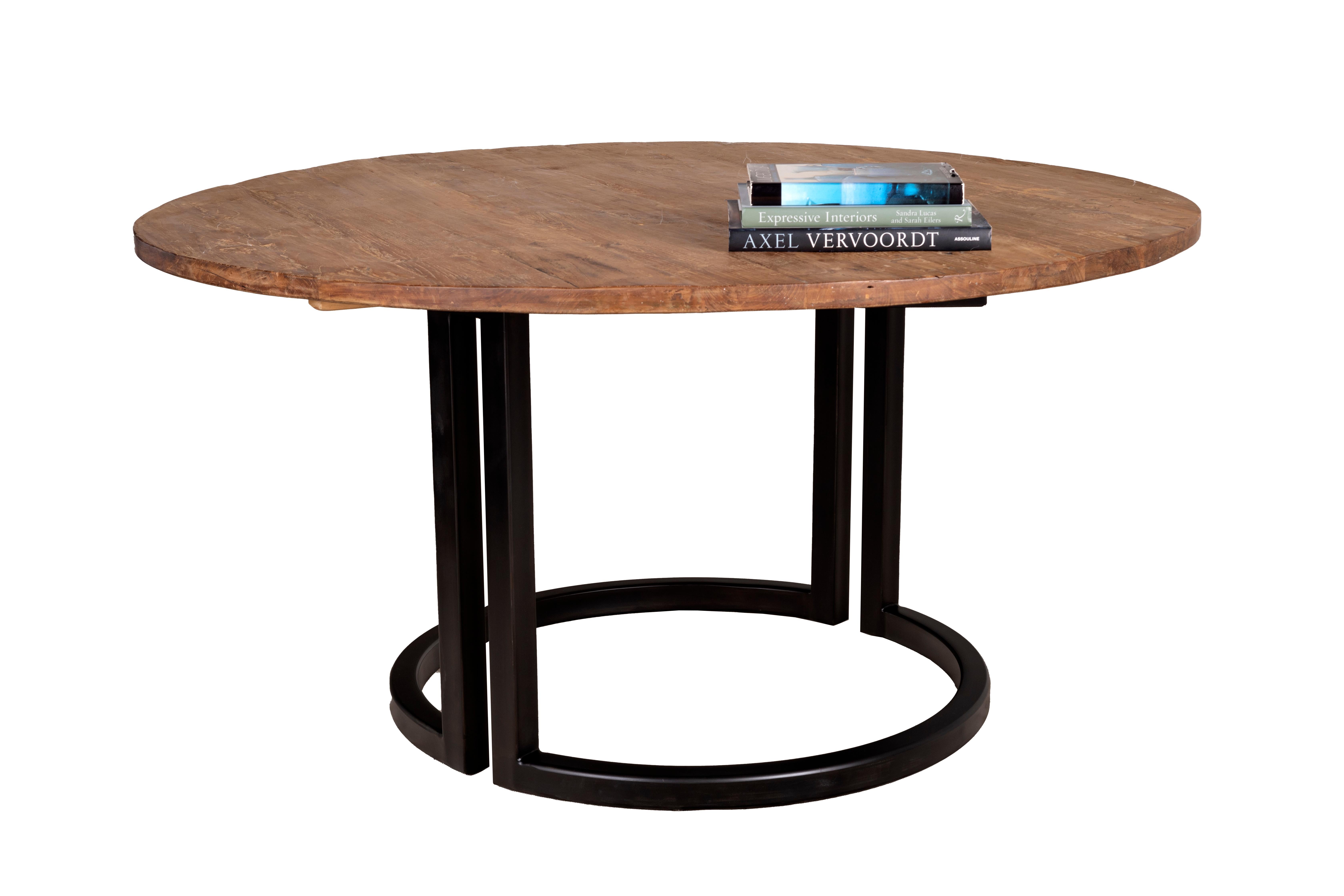 Moderne Table en bois d'orme récupéré avec base en métal en vente