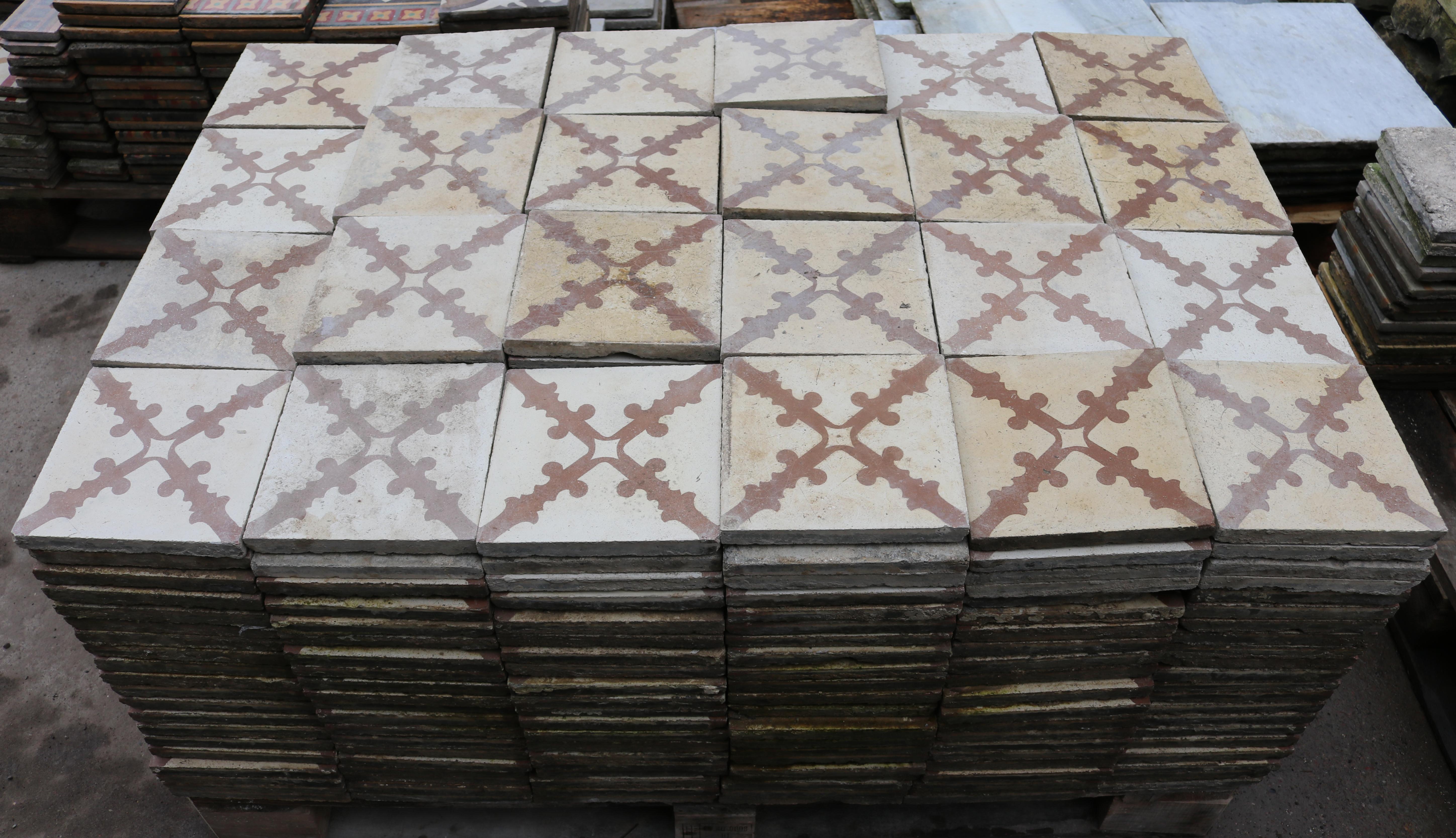 A batch of 480 reclaimed encaustic cement floor tiles. These tiles will cover 19.2 m2 or 206 sq ft.