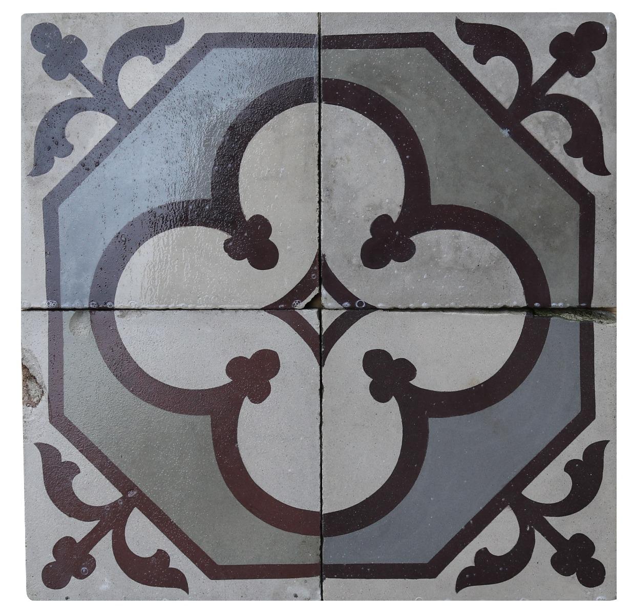 A set of 58 reclaimed encaustic cement tiles. These tiles will cover 3.6 m2 or 38 sq ft.