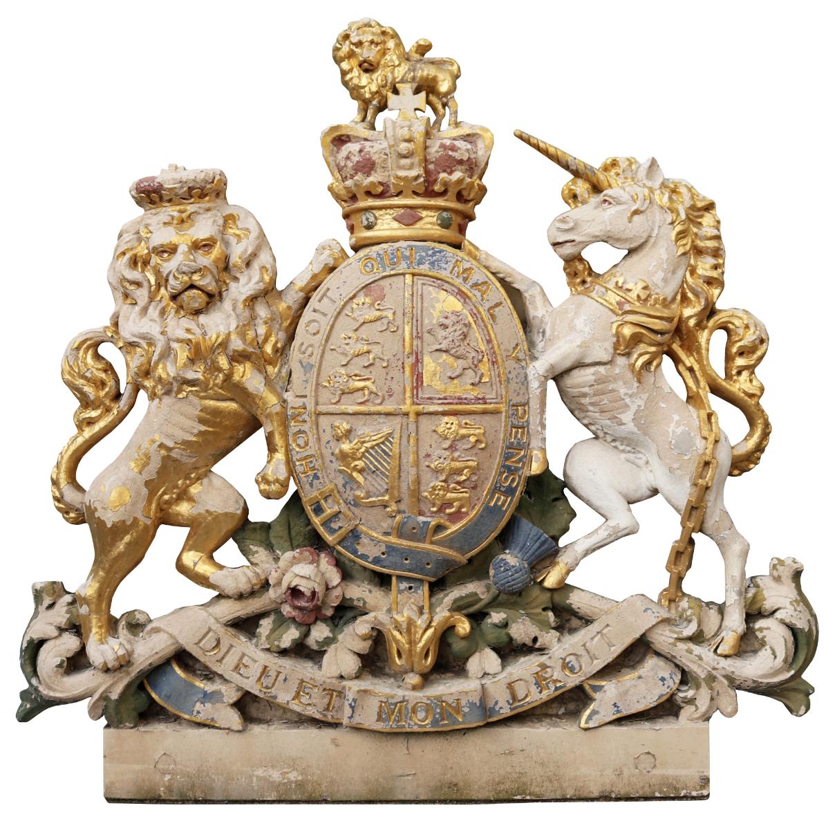 This very large scale antique stone crest features the Royal Coat of Arms for the City of Bath, where it was originally fitted to a local authority building.

Motto of British monarchs; Dieu et mon droit (‘God and my right hand’ )
Motto of the Order