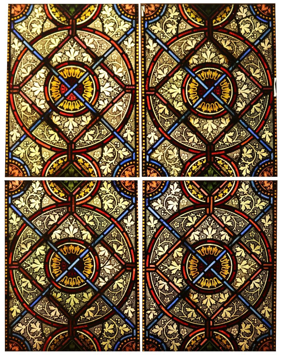 Un ensemble de quatre panneaux de vitraux anglais anciens peints à la main. Cette pièce se compose de quatre panneaux placés dans des cadres temporaires.
 
Dimensions supplémentaires
 
Individuel 87,5 x 68 x 1 cm
 
Ensemble 175 x 138 x 1 cm