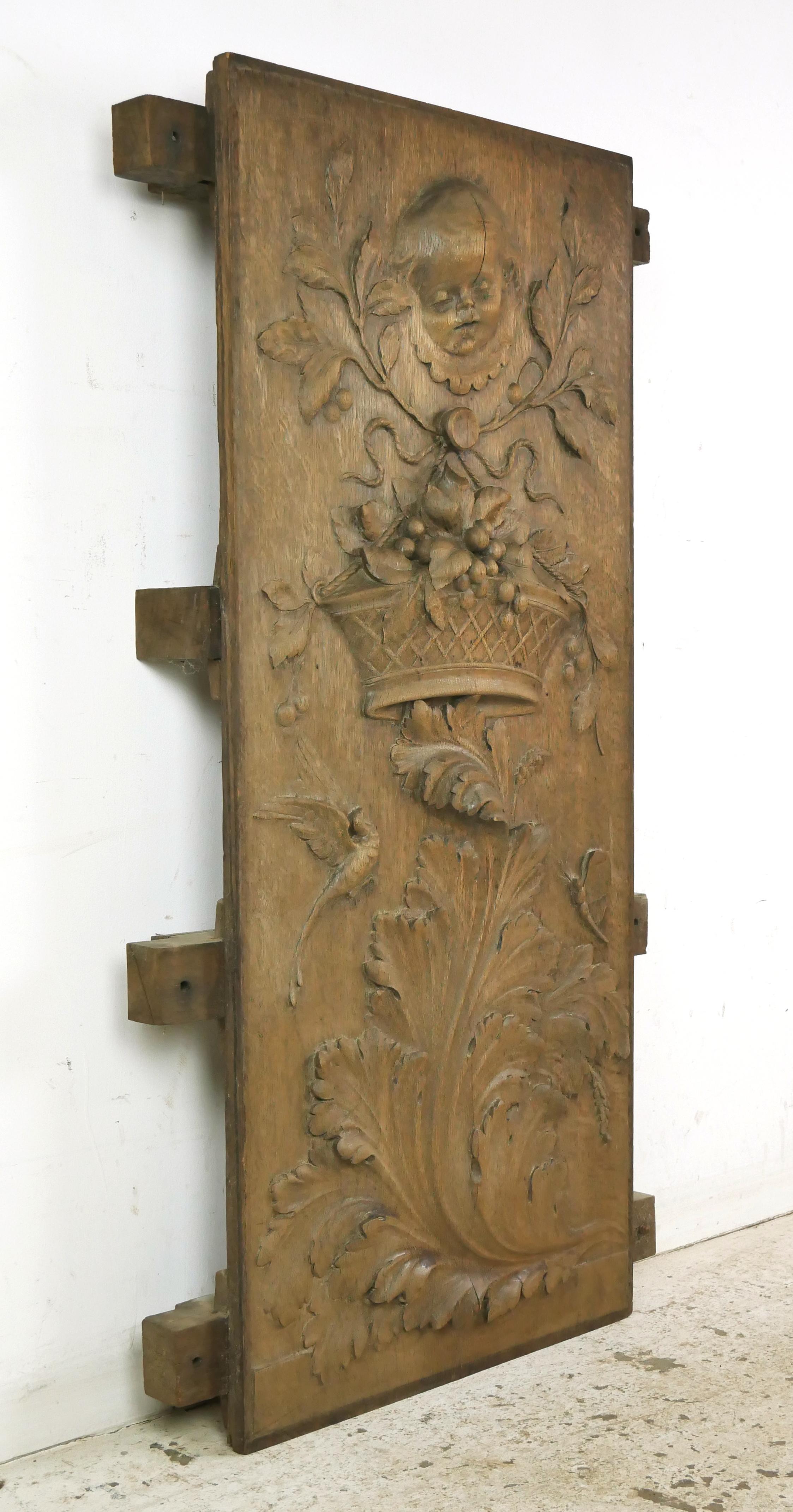 Reclaimed European Carved Wood Fireplace Panel For Sale 1