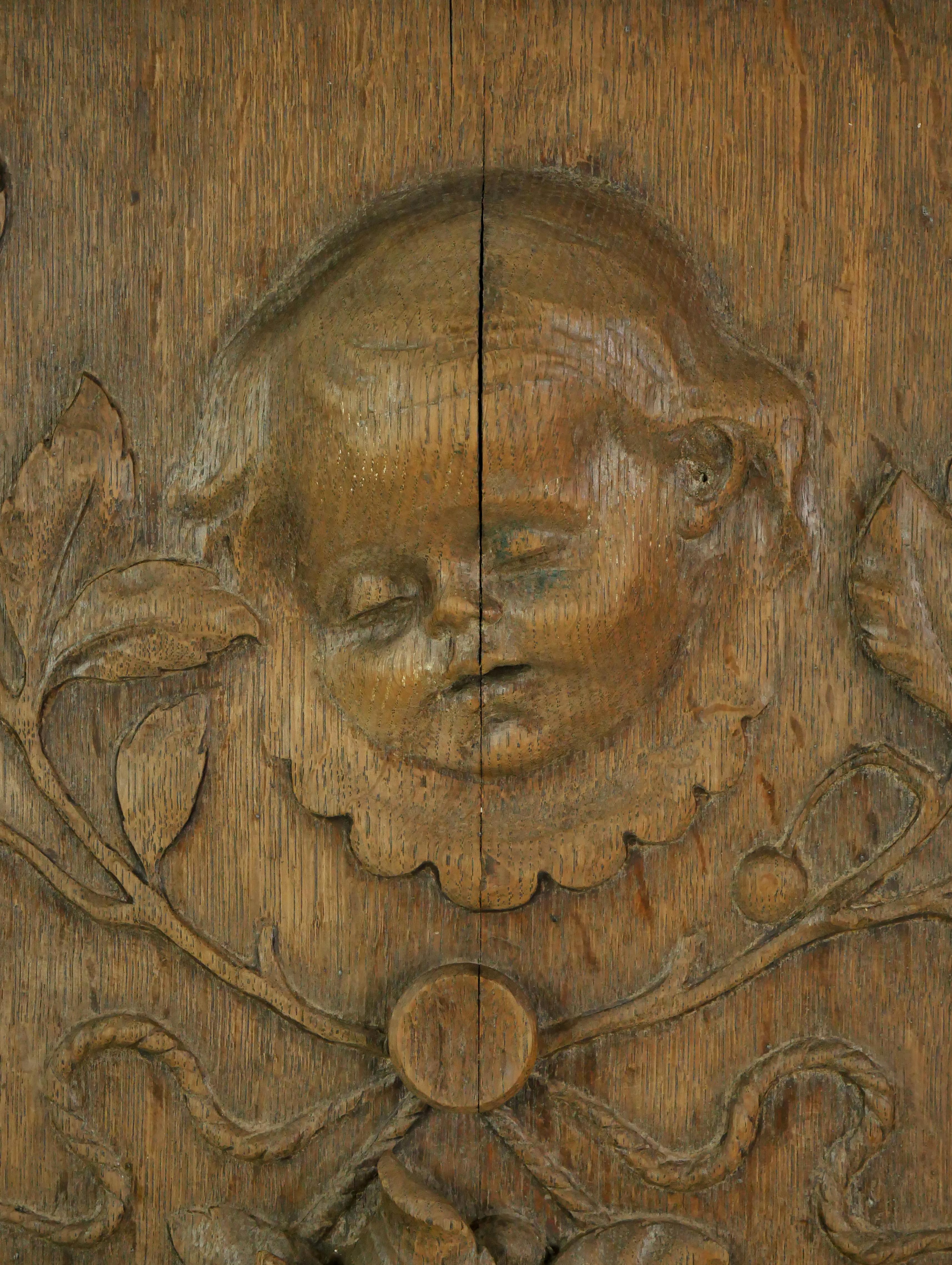 Reclaimed European Carved Wood Fireplace Panel For Sale 4