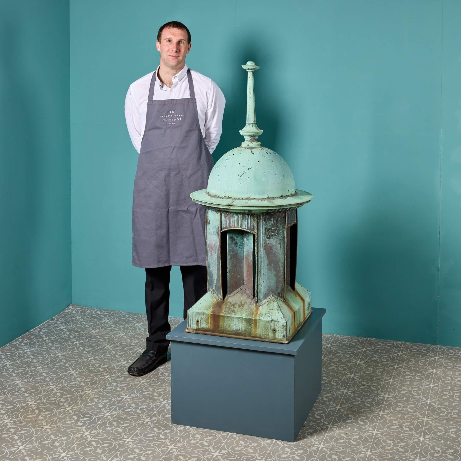 A reclaimed English Ewarts copper roof ventilator dating from the late 19th century. This antique roof vent by Ewarts & Son Ltd is made from sheet copper and has a lovely natural verdigris patina. Once placed atop a roof to ventilate a building,