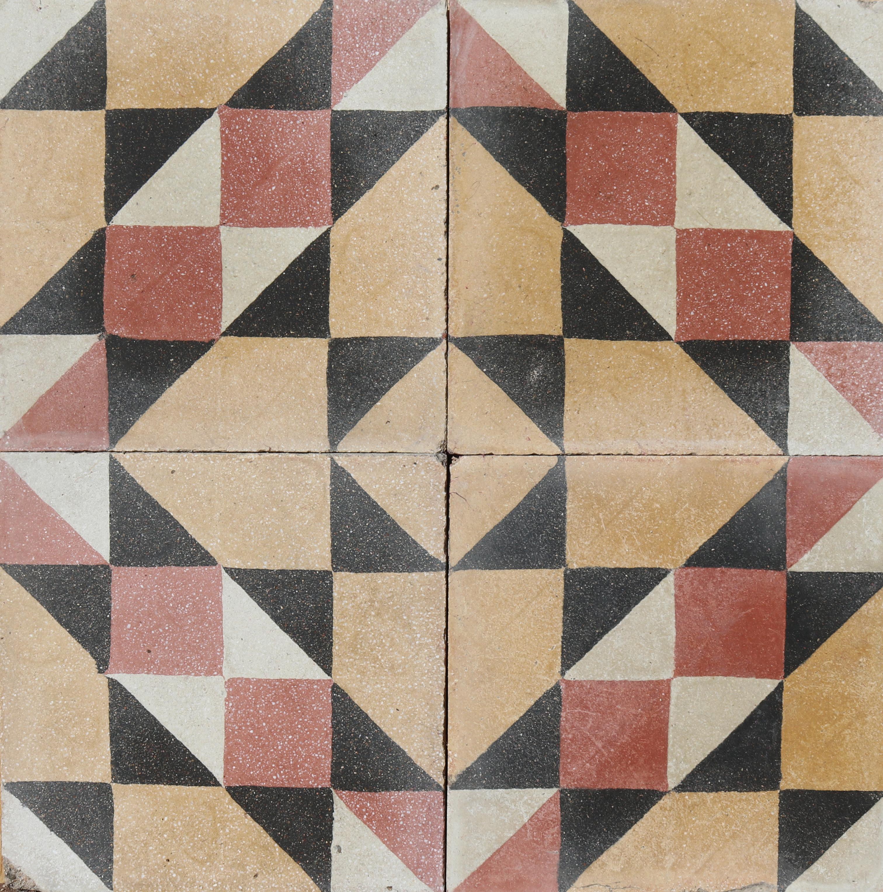 A small batch of 40 reclaimed encaustic cement floor tiles. These tiles will cover 1.6 m2 or 17.2 ft2. They are suitable for use on floors or walls.