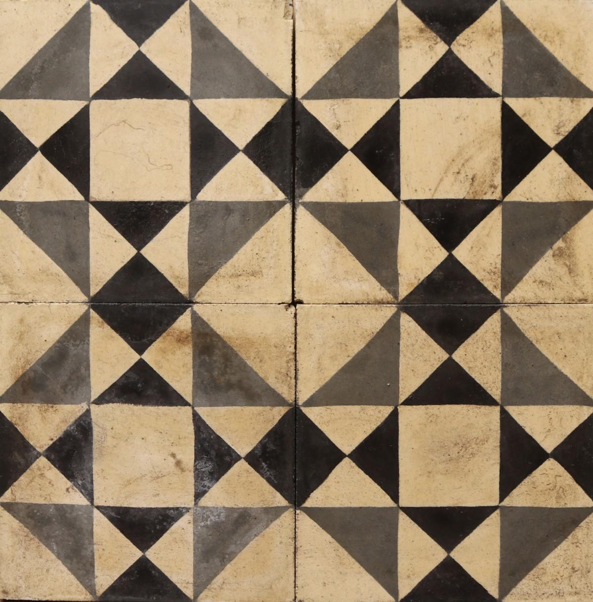 A batch of 42 reclaimed encaustic cement floor or wall tiles with a geometric style pattern. These tiles will cover 1.8 m2 or 19 ft2.

Weathered surfaces and small chips associated with transport and storage. Unused. Good overall condition. Small