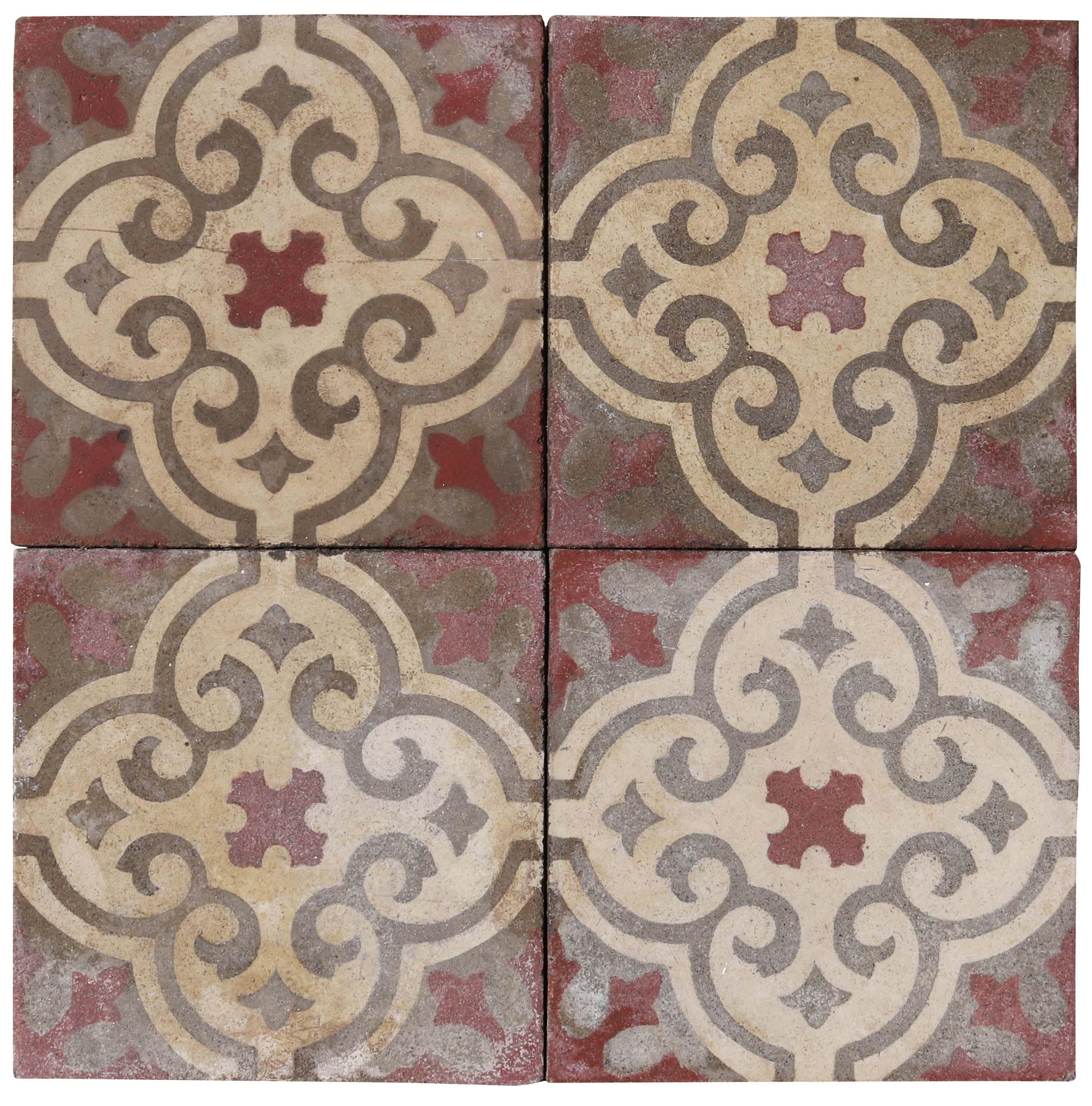 A set of 120 reclaimed encaustic cement tiles. These tiles will cover 4.8 m2 or 51 sq ft.
