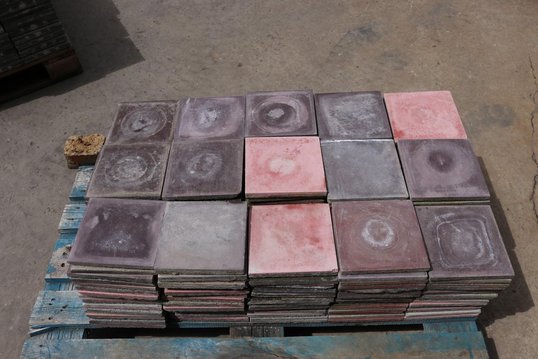 A batch of 210 reclaimed encaustic cement floor or wall tiles. These tiles will cover 8.4 m2 or 90 ft2.

Mixed shades of purple and pink, raging from very pale to very dark.

Reclaimed tiles. Colours vary from pale pink shades to vivid purple.