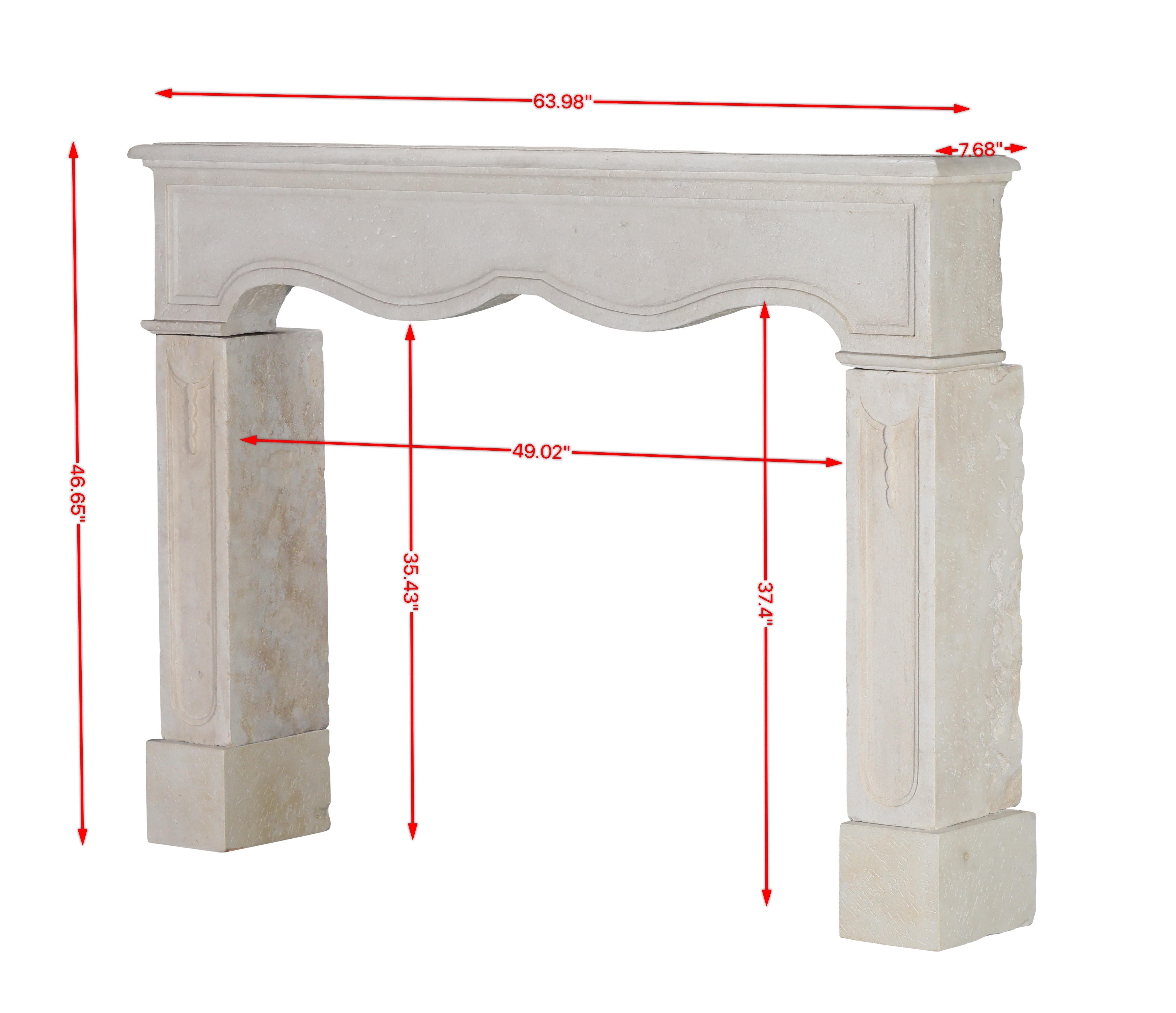 Timeless white French limestone fireplace surround with original textured surface. This Louis XIV style chimney piece with nice proportions brings authenticity to any room. Forever a French touch with original curving and artempo wear.
Measurements: