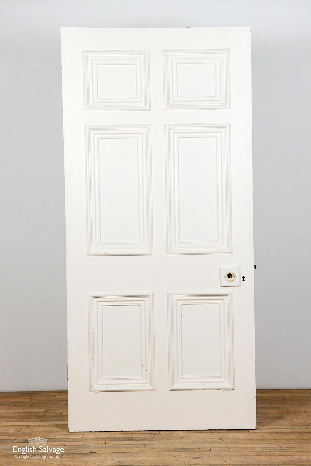 Impressive Georgian pitch pine door with six beaded panels. Lock, handle and nail holes plus two hinges present.