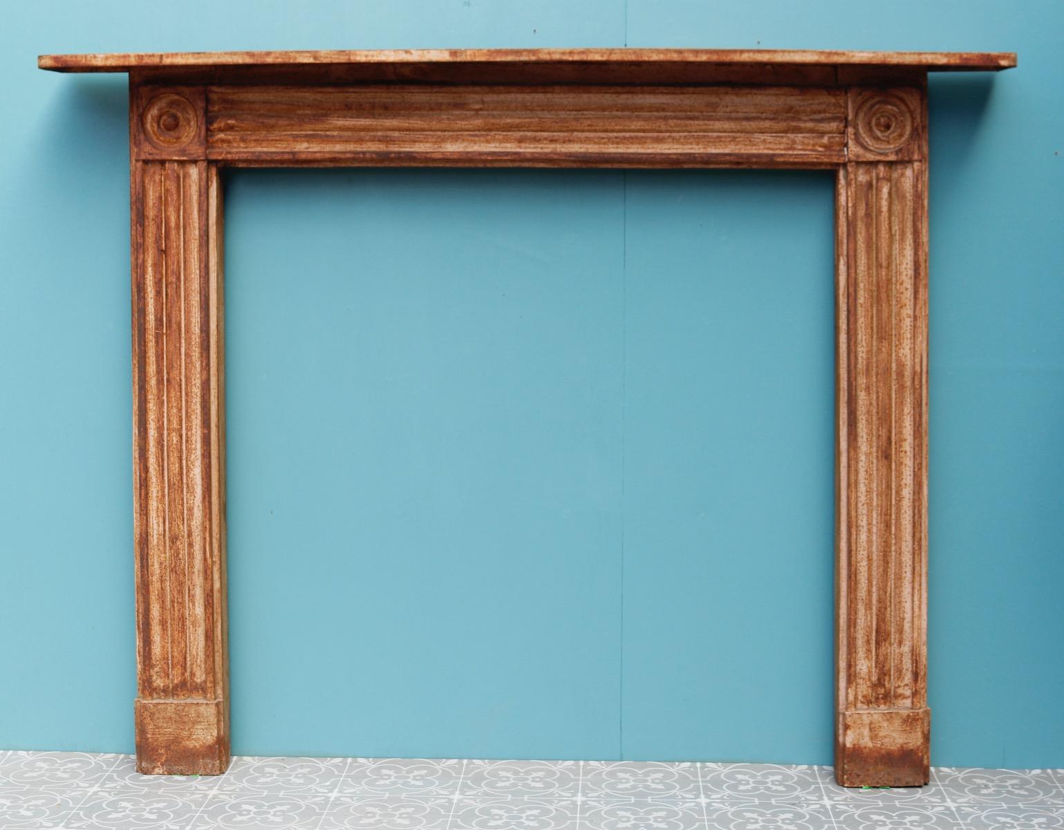 A reclaimed cast iron fire surround in the Georgian style with ‘bullseye’ corner blocks.

Additional dimensions 

Opening height 102 cm

Opening width 102.5 cm

Width between outsides of the foot blocks 134 cm.