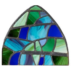 Reclaimed Green & Blue Arched Stained Glass Window Panel