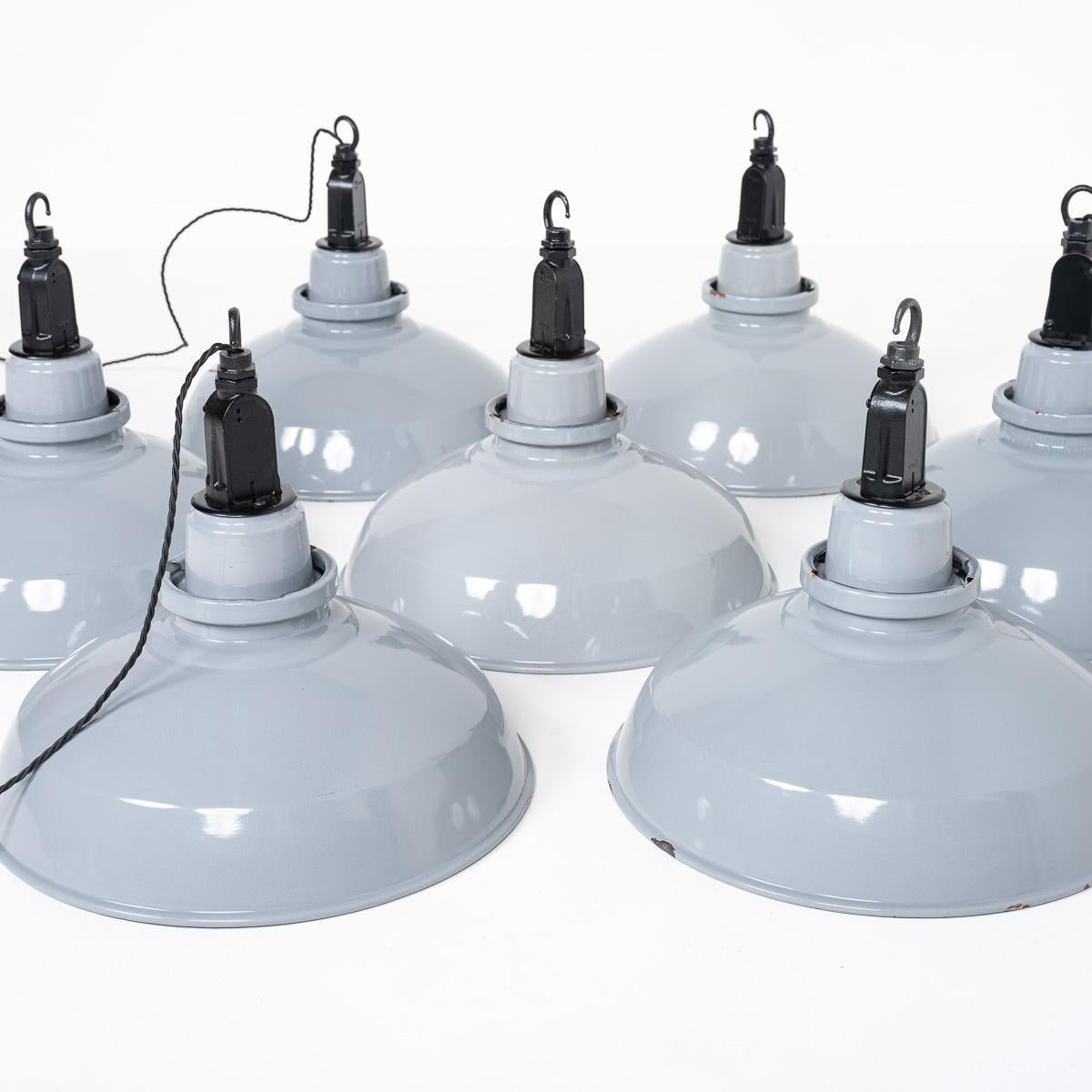 Reclaimed Grey Enamel Factory Pendant Lights with Black Fittings by Thorlux For Sale 2