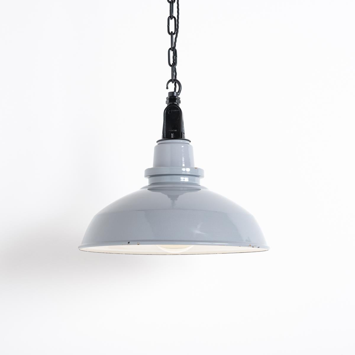 British Reclaimed Grey Enamel Factory Pendant Lights with Black Fittings by Thorlux For Sale