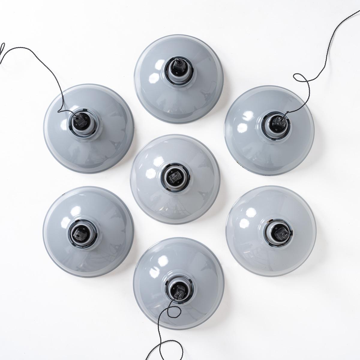 Reclaimed Grey Enamel Factory Pendant Lights with Black Fittings by Thorlux For Sale 1