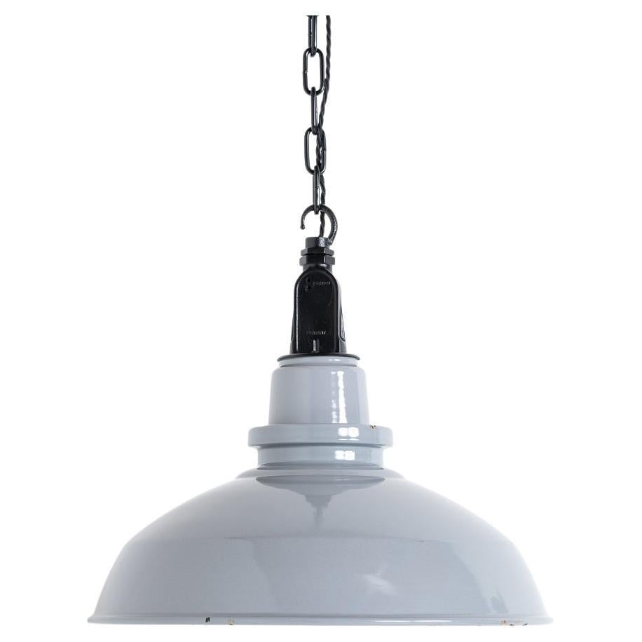 Reclaimed Grey Enamel Factory Pendant Lights with Black Fittings by Thorlux For Sale