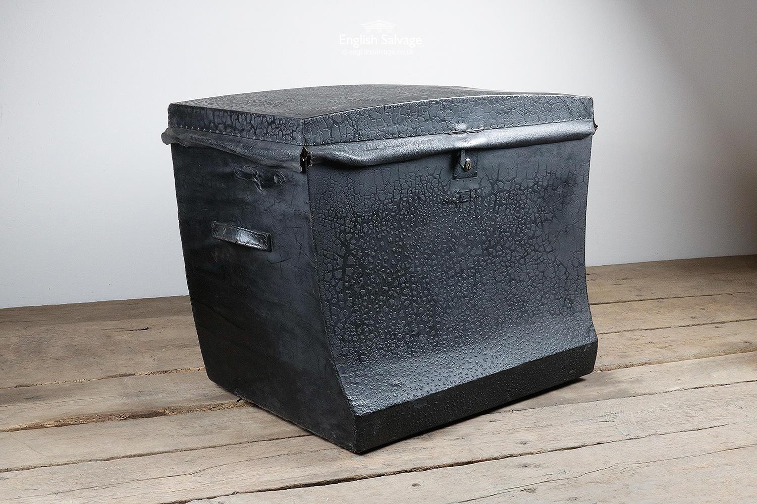 Black ostrich skin coach trunk made by Gurney & Co coach builders in Malvern, Worcestershire. The interior of the trunk is fabric lined with a single divider. Some loose areas to ostrich skin cover in addition to marks and small tears to the