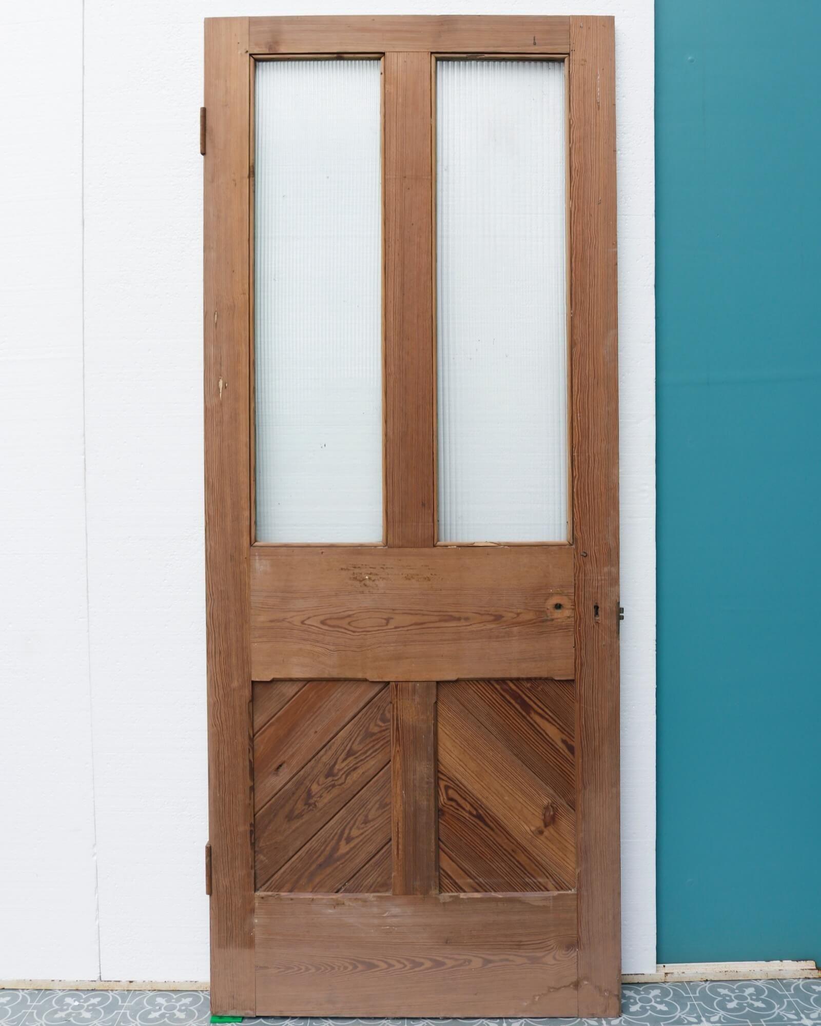 English Reclaimed Half Glazed Pitch Pine Internal Door with Reeded Glass For Sale