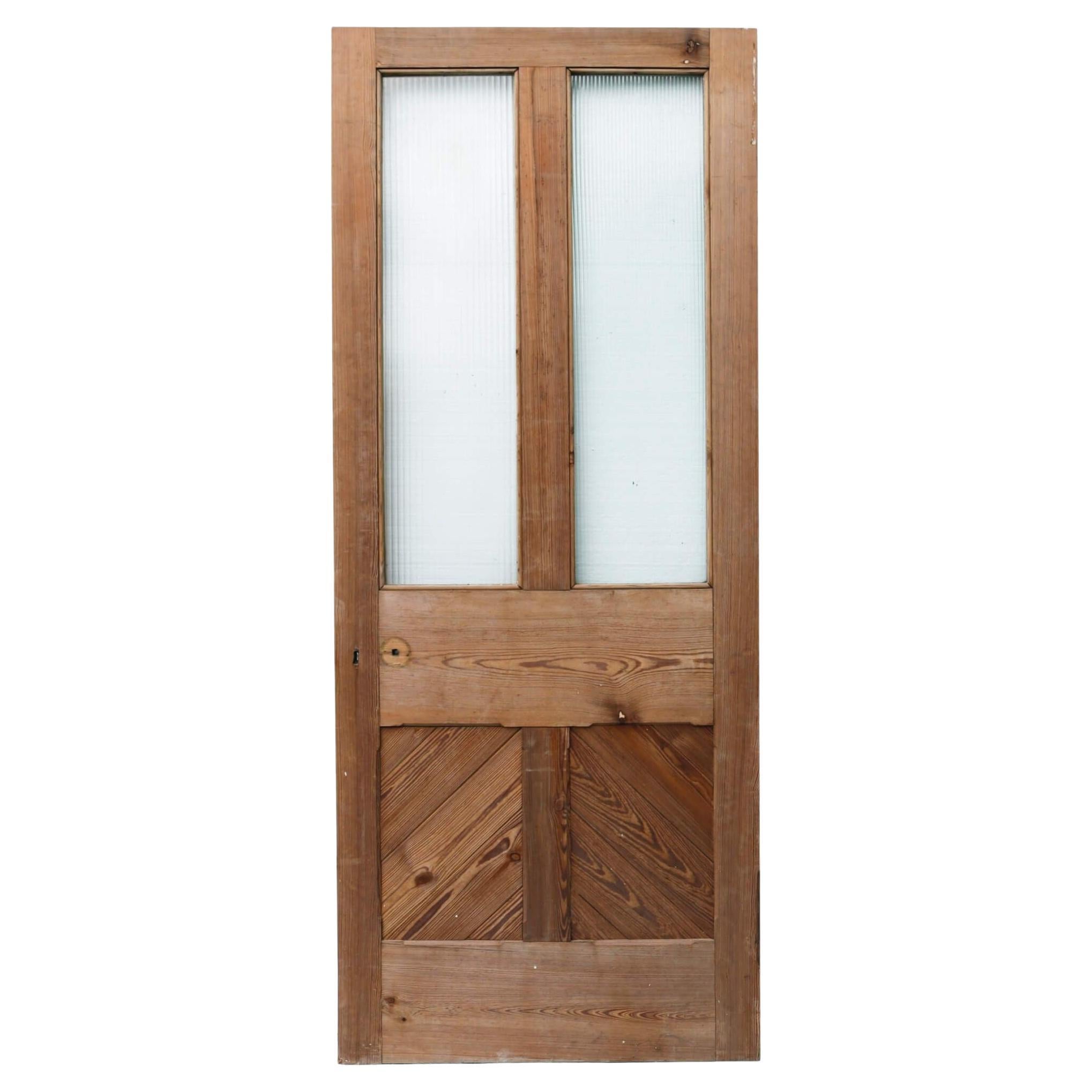 Reclaimed Half Glazed Pitch Pine Internal Door with Reeded Glass For Sale