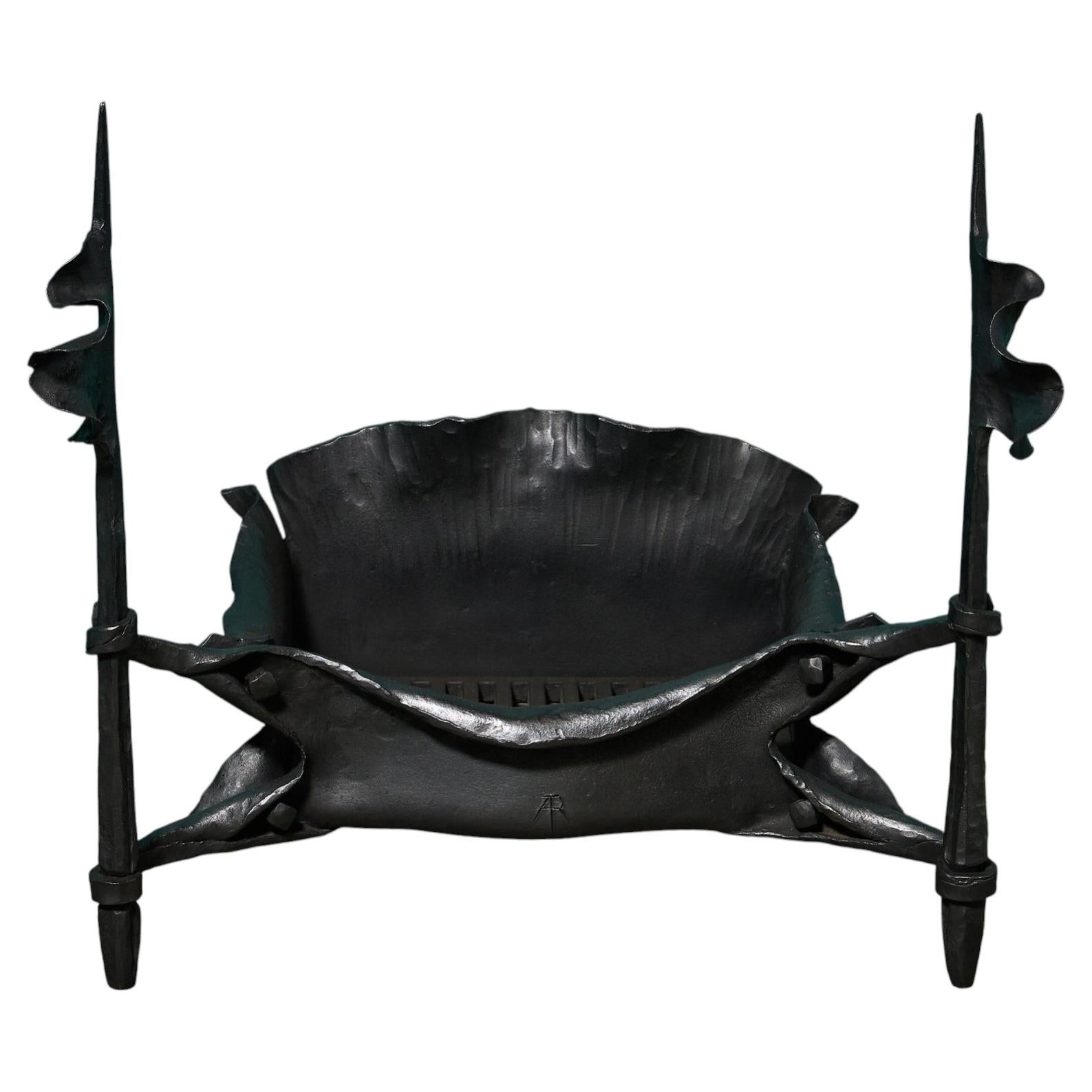 Reclaimed Hand forged Wrought Iron Fire Basket With Flags For Sale