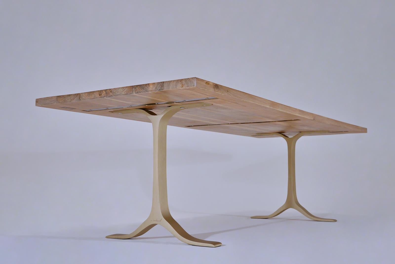 Minimalist Reclaimed Hardwood Table, Golden Sand Brass Base by P. Tendercool For Sale