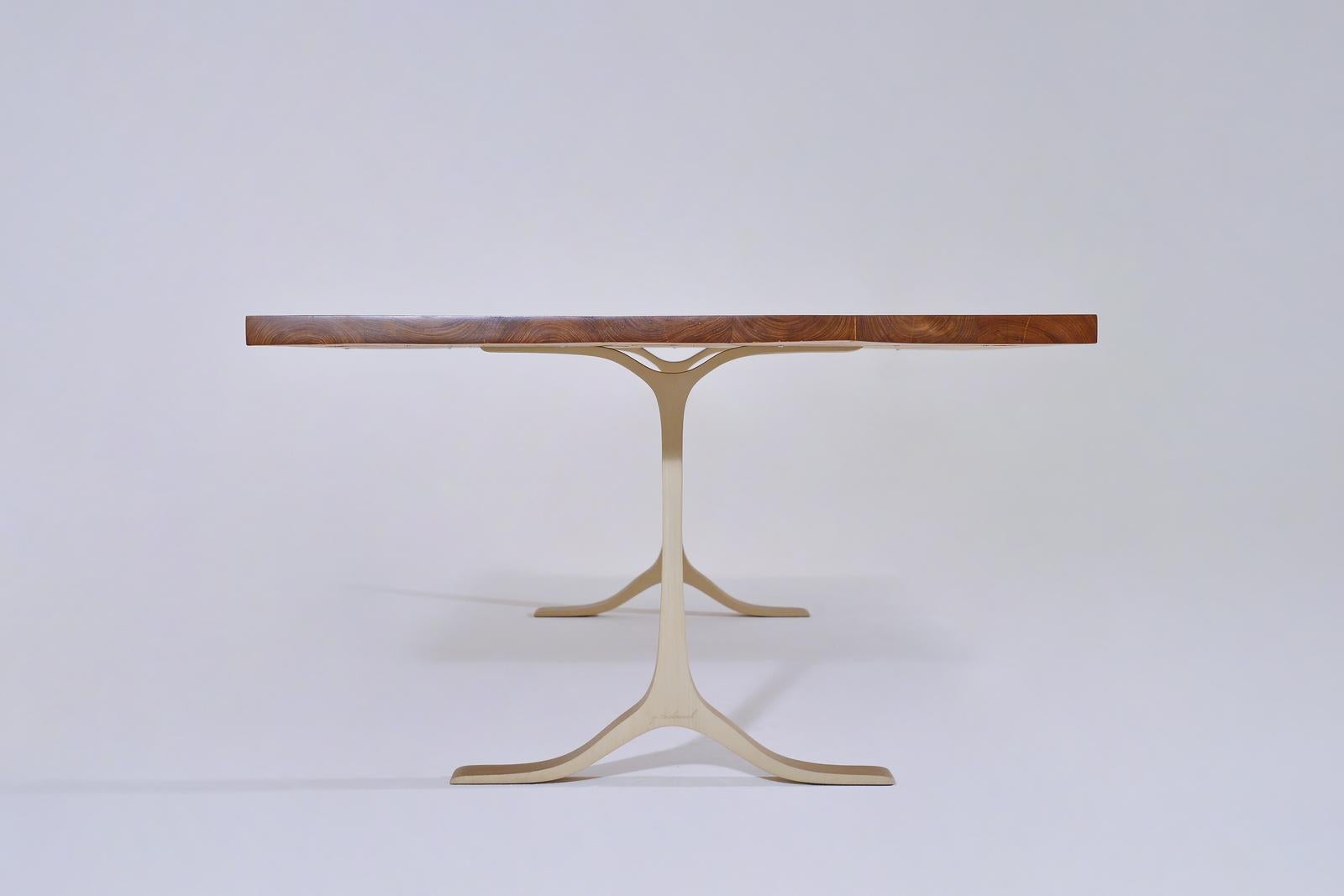 Minimalist Reclaimed Hardwood Table, Golden Sand Brass Base by P. Tendercool For Sale