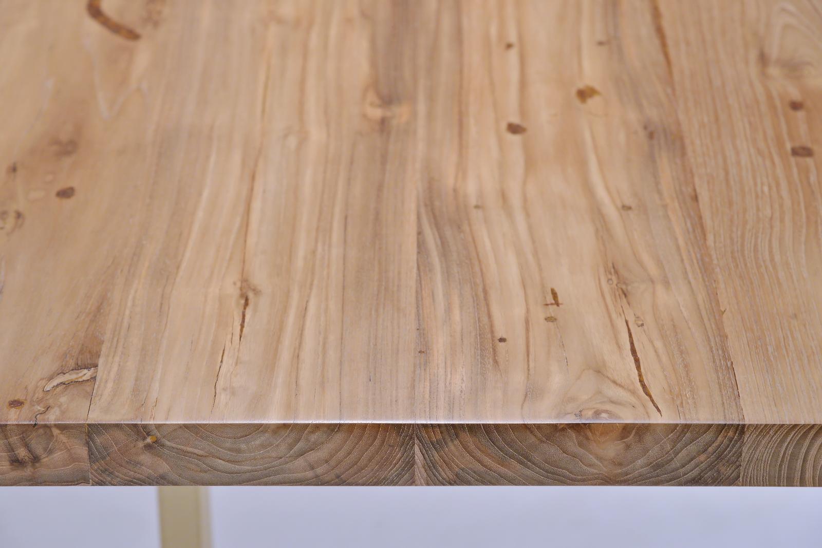 Reclaimed Hardwood Table, Golden Sand Brass Base by P. Tendercool For Sale 1