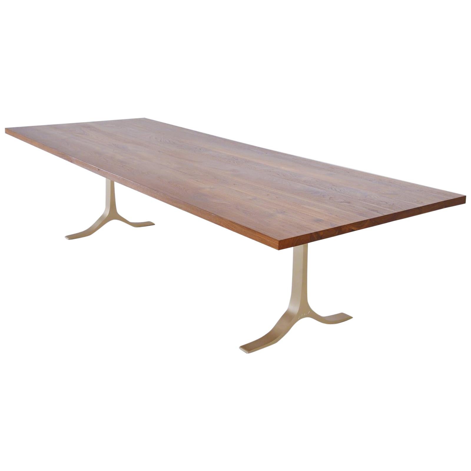Reclaimed Hardwood Table, Golden Sand Brass Base by P. Tendercool For Sale