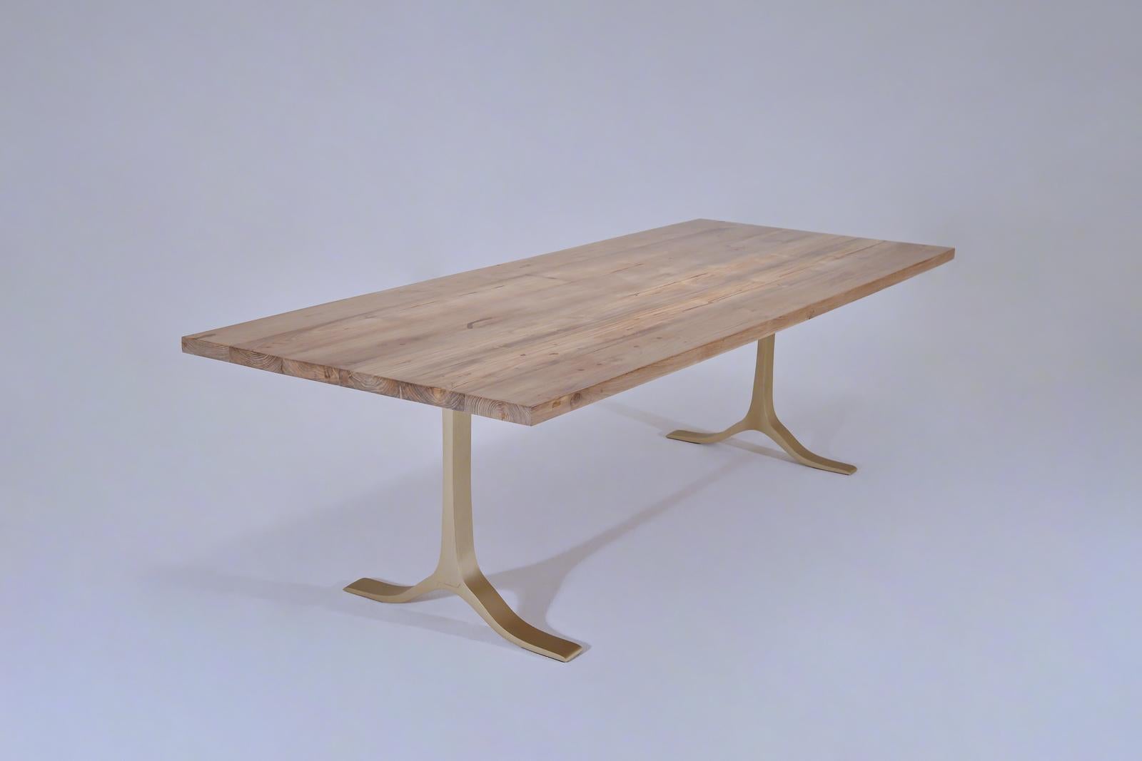 Reclaimed Hardwood Table, Golden Sand Brass Base by P. Tendercool For Sale