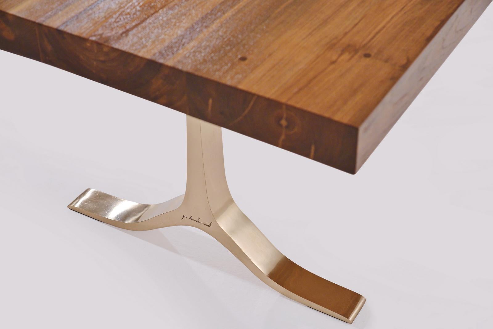 Cast Reclaimed Hardwood Table, Polished Bronze Base by P. Tendercool For Sale