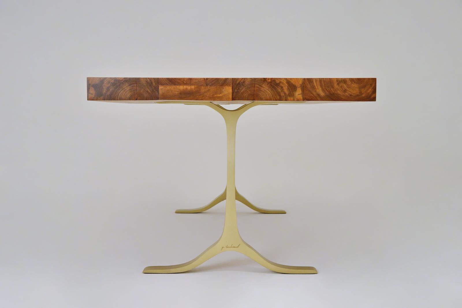 Minimalist Reclaimed Hardwood Table, Sand Cast Brass Base by P. Tendercool For Sale