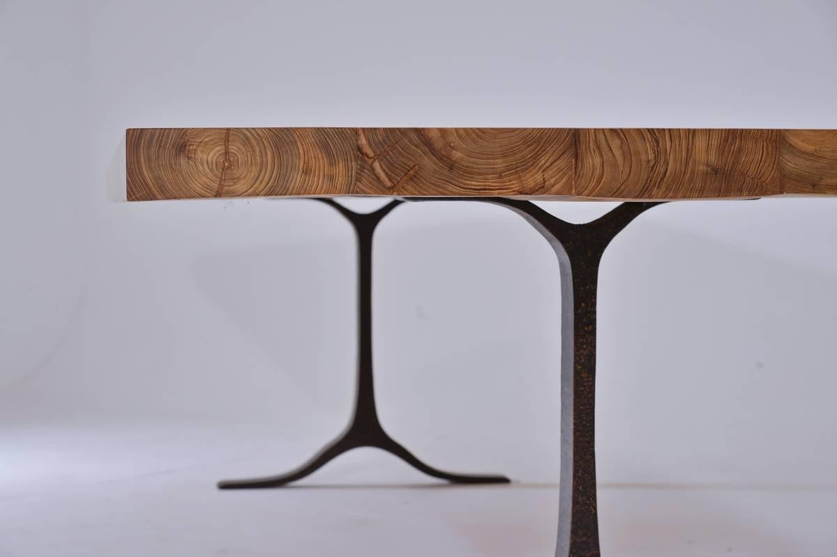 Thai Reclaimed Hardwood Table, Sand Cast Bronze Base by P. Tendercool,  For Sale