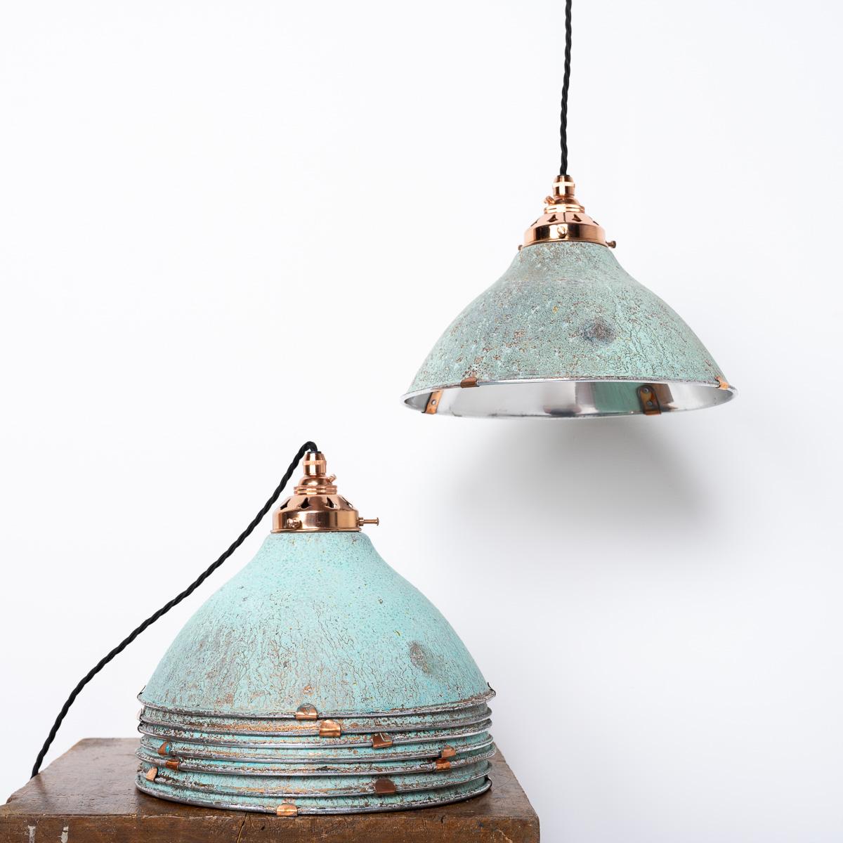 Industrial Reclaimed Holophane Verdigris Pendant Lights with Copper Fittings For Sale