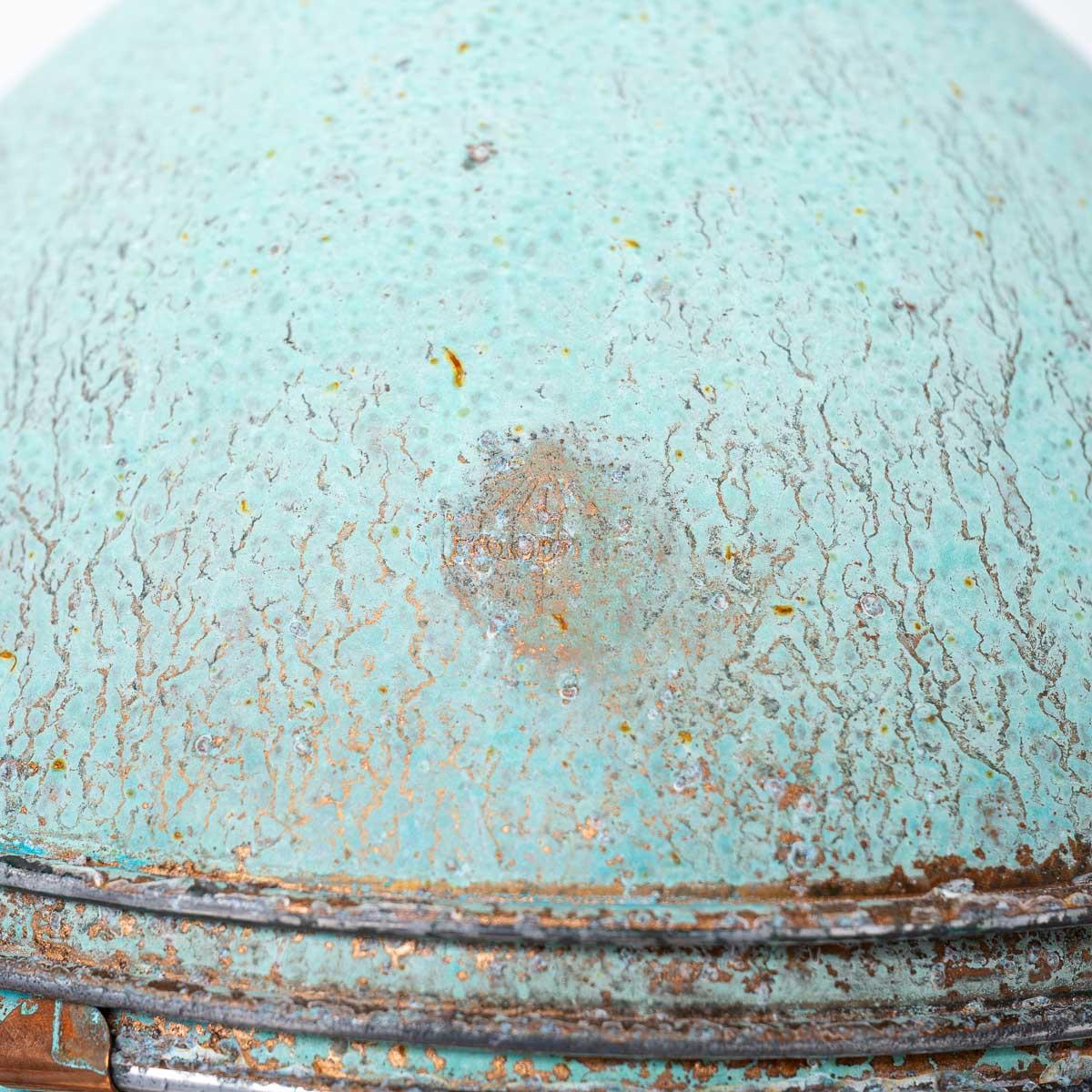 English Reclaimed Holophane Verdigris Pendant Lights with Copper Fittings For Sale